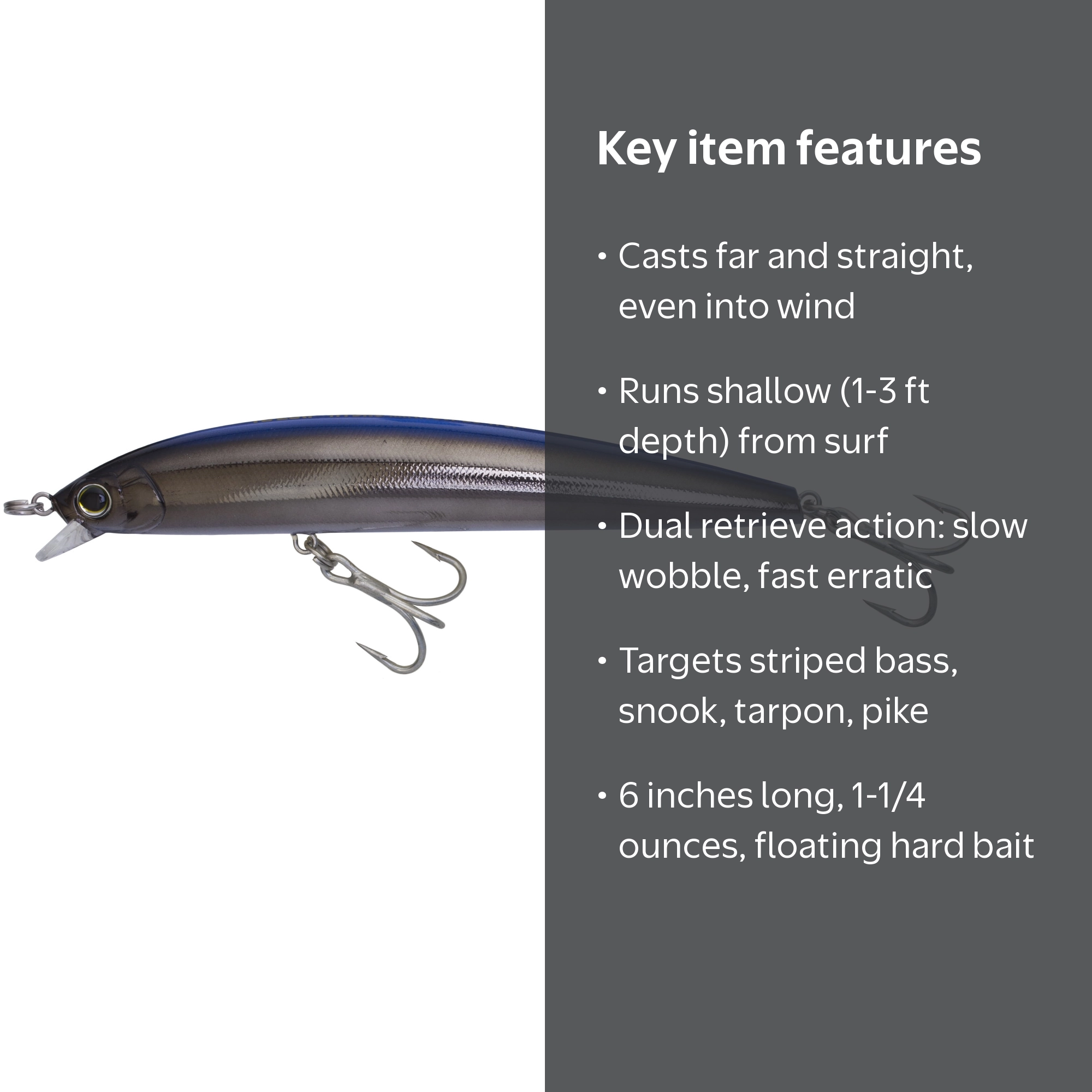 Yo-Zuri, Hydro Minnow LC, 6 inch, Ghost Black, Shallow Running