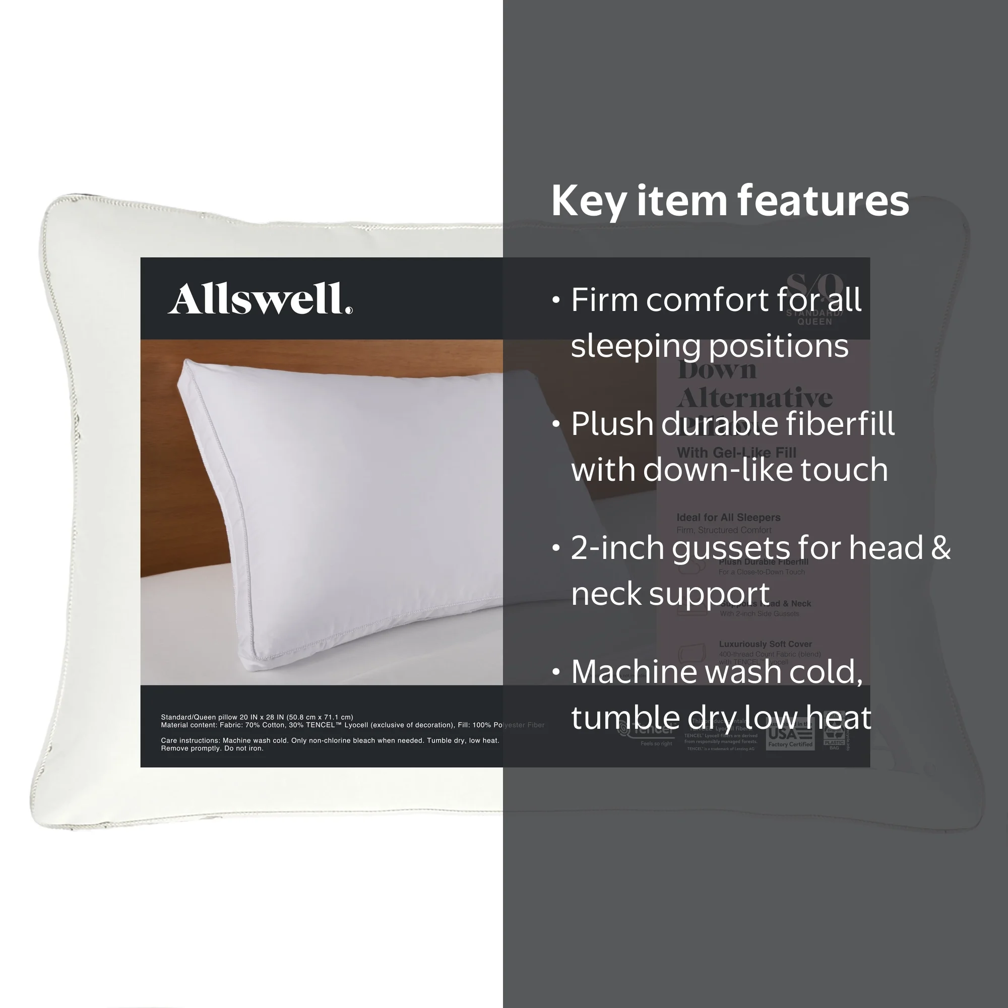 Allswell Down Alternative Bed Pillows, Standard/Queen, Firm, 2pk