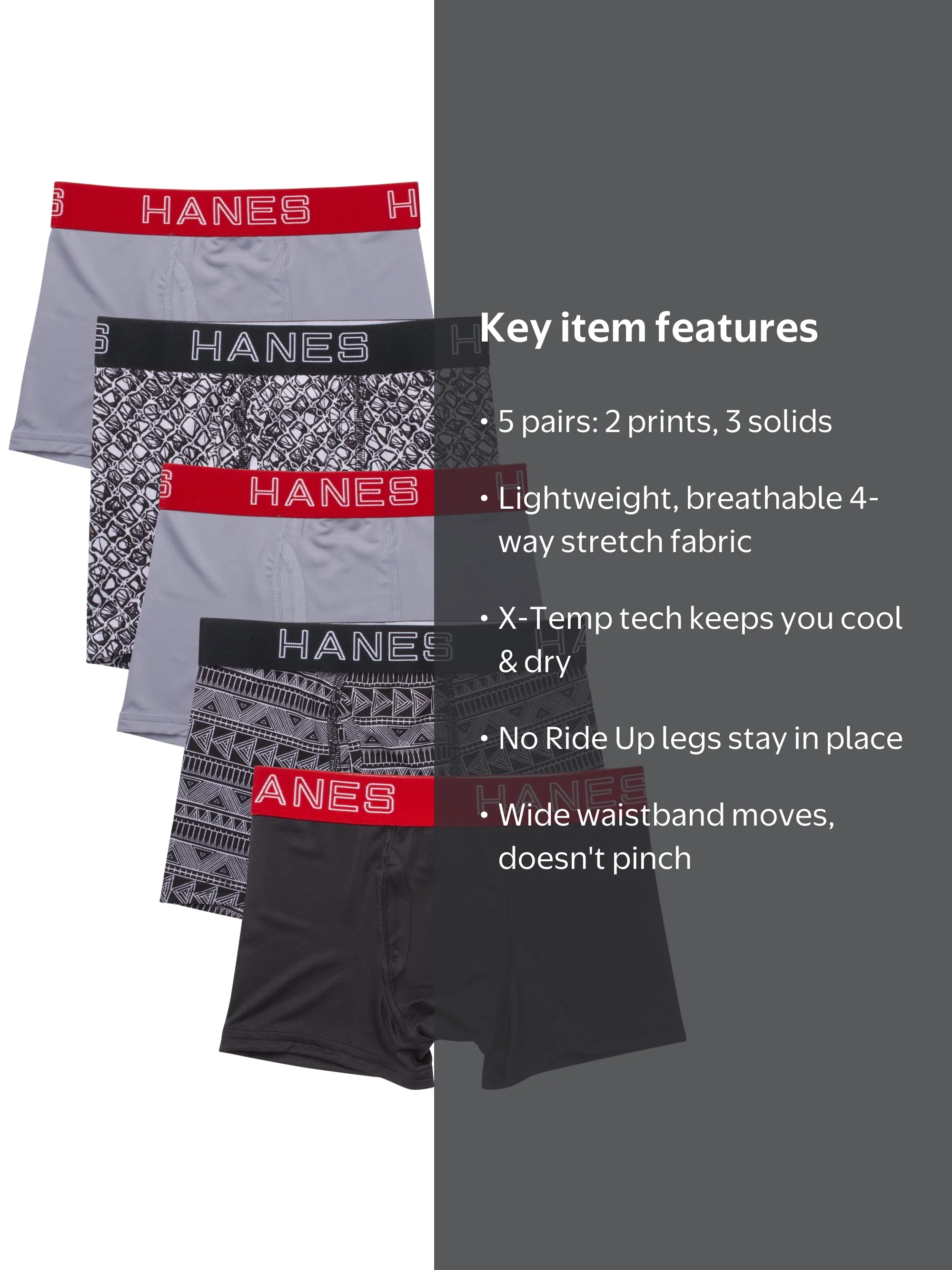 Hanes Youth X-Temp Stretch Boxer Brief Underwear, 5-Pack, Sizes S