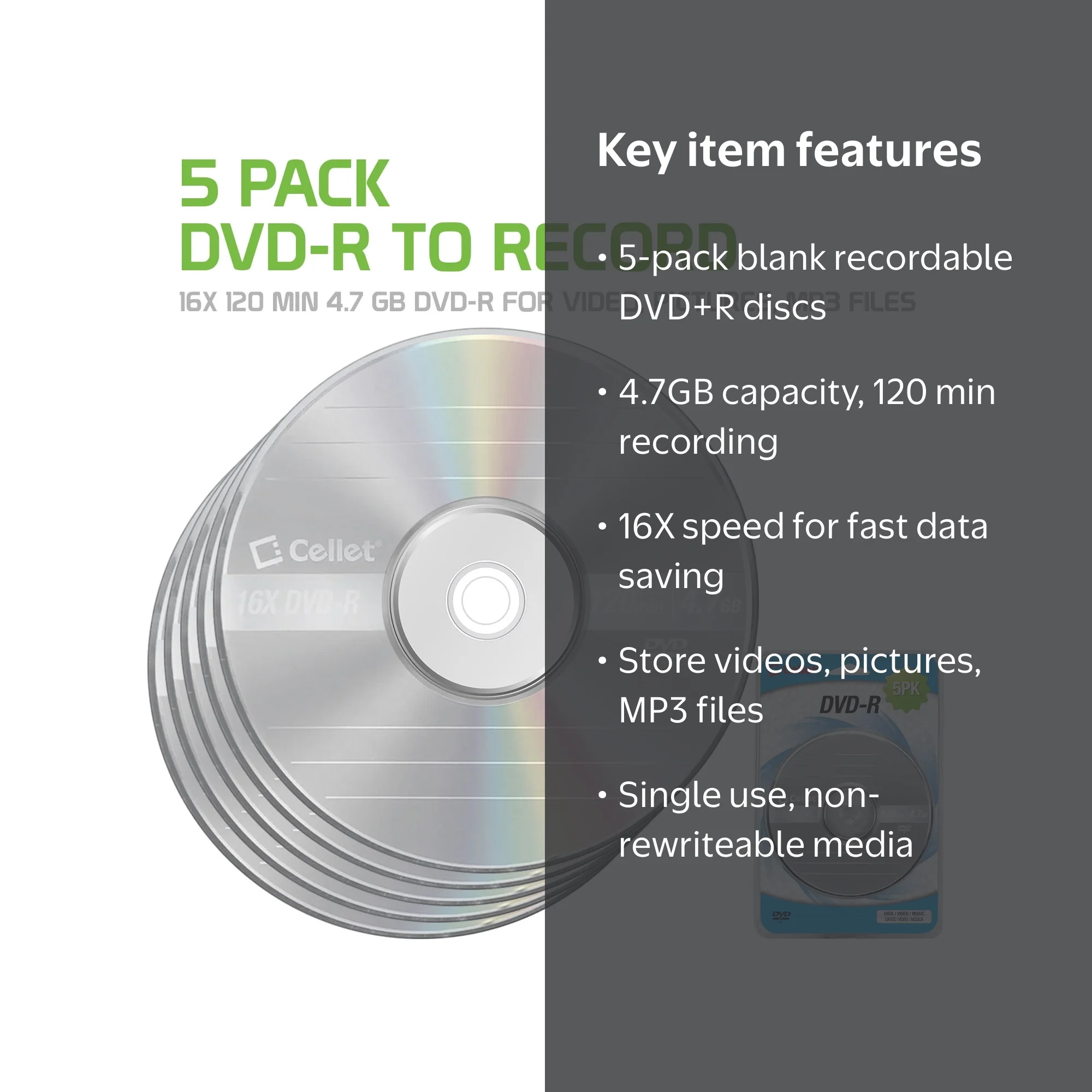 Cellet DVD+R 4.7GB 16X Recordable Media Blank Disc for Video
