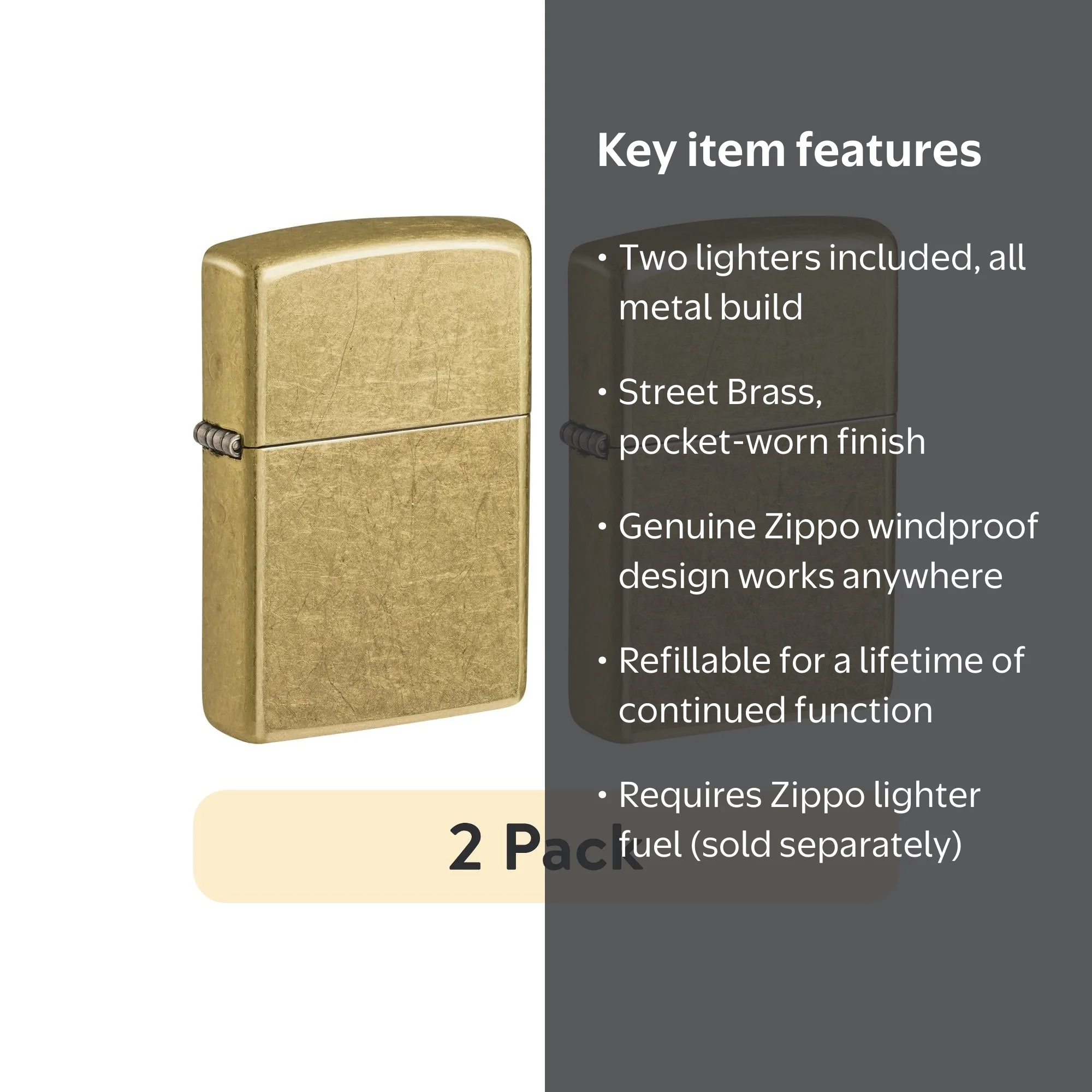 2 pack) Zippo Classic Street Brass Pocket Lighter - Walmart.com