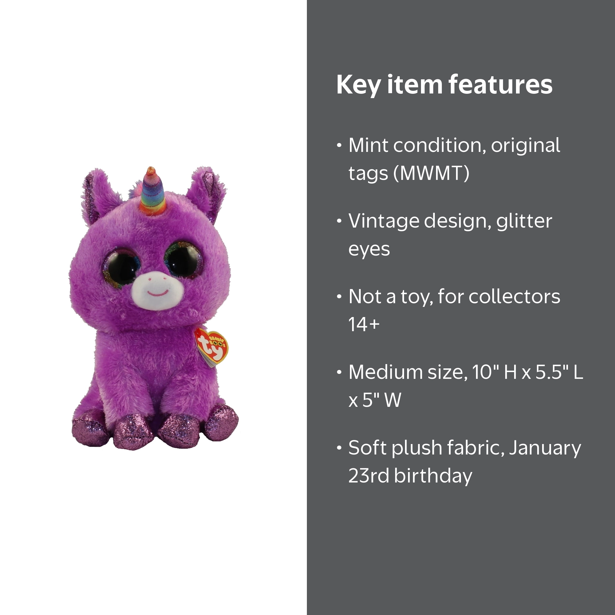 TY Beanie Boos - Rosette the Bashful Purple Unicorn with Glitter