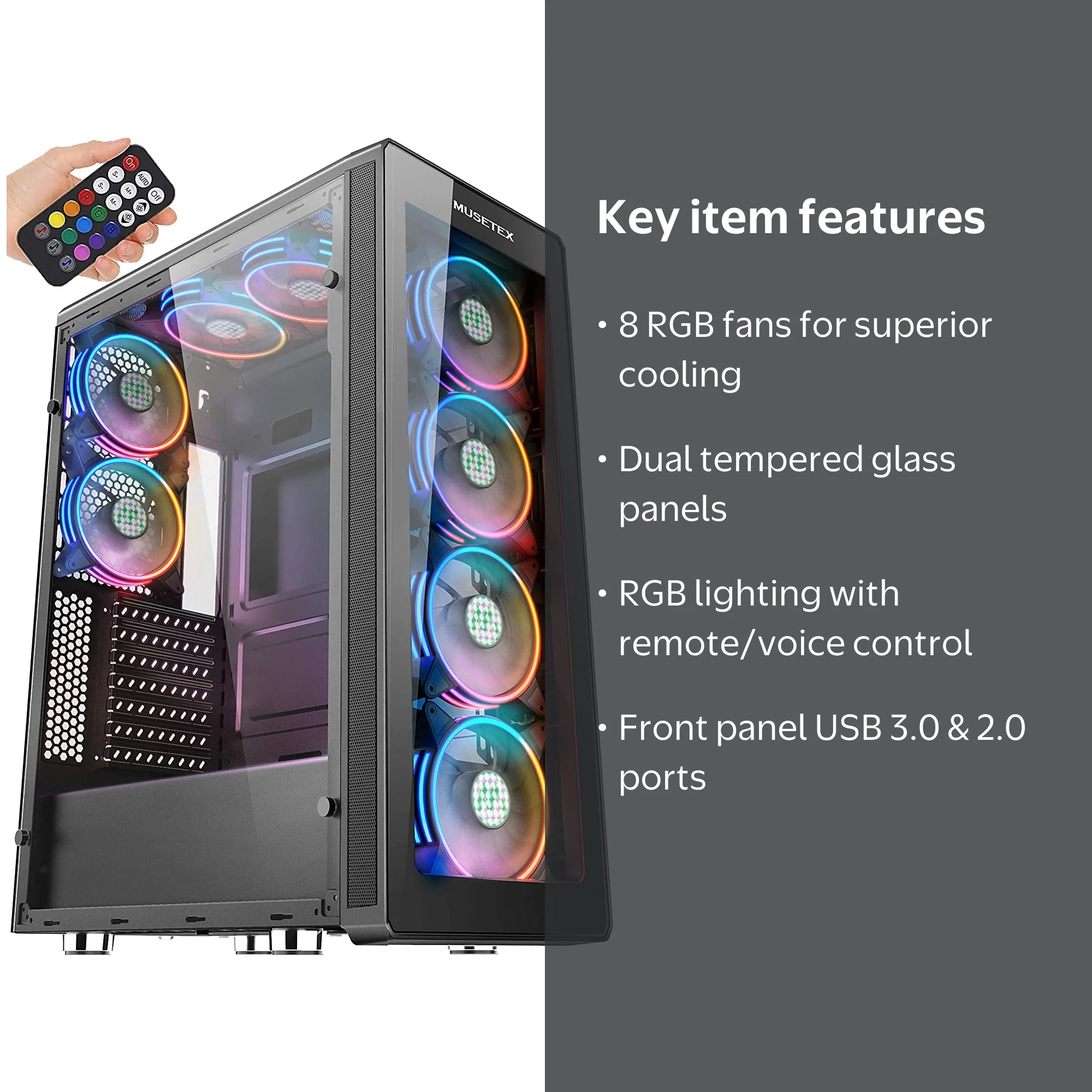 MUSETEX 8 PCS ARGB Fans ATX Mid-Tower Gaming PC Computer Case
