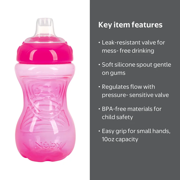 Nuby No-Spill Easy-Grip Pink Soft Spout Sippy Cup, 10 fl oz