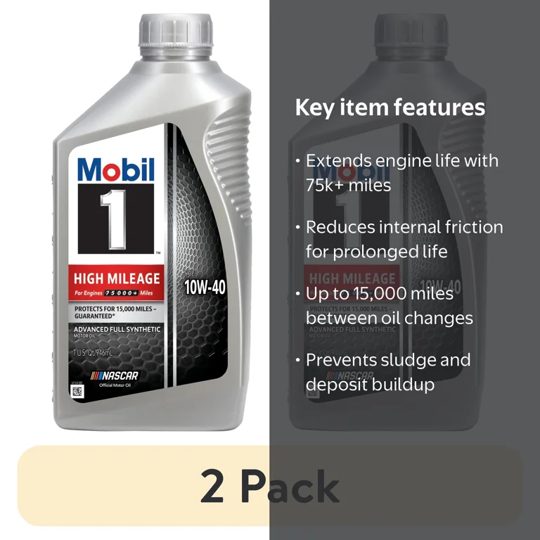 2 pack) Mobil 1 High Mileage Full Synthetic Motor Oil 10W-40, 1