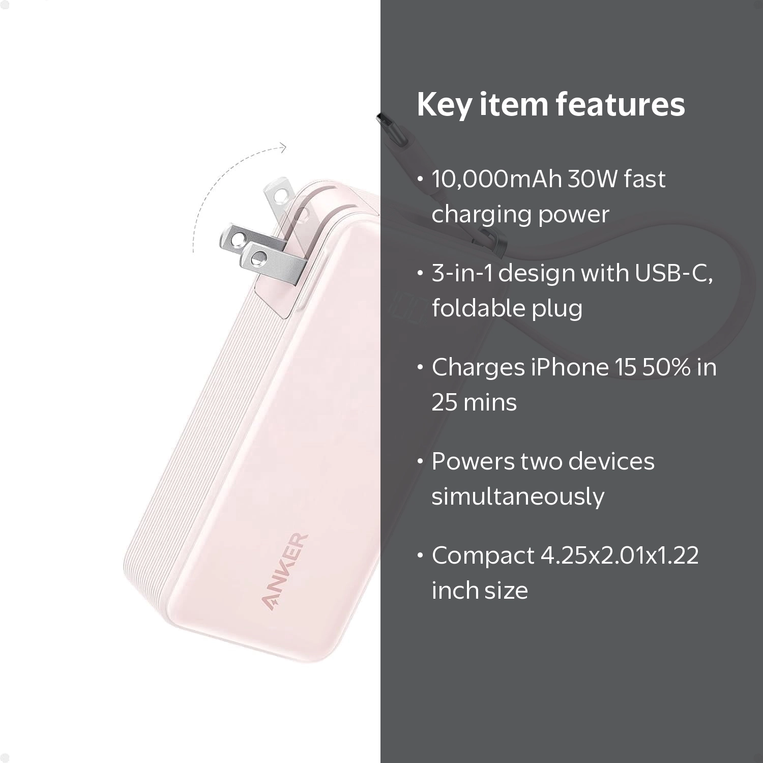 Anker Nano 3-in-1 Portable Charger, 10,000mAh Power Bank, Built-in