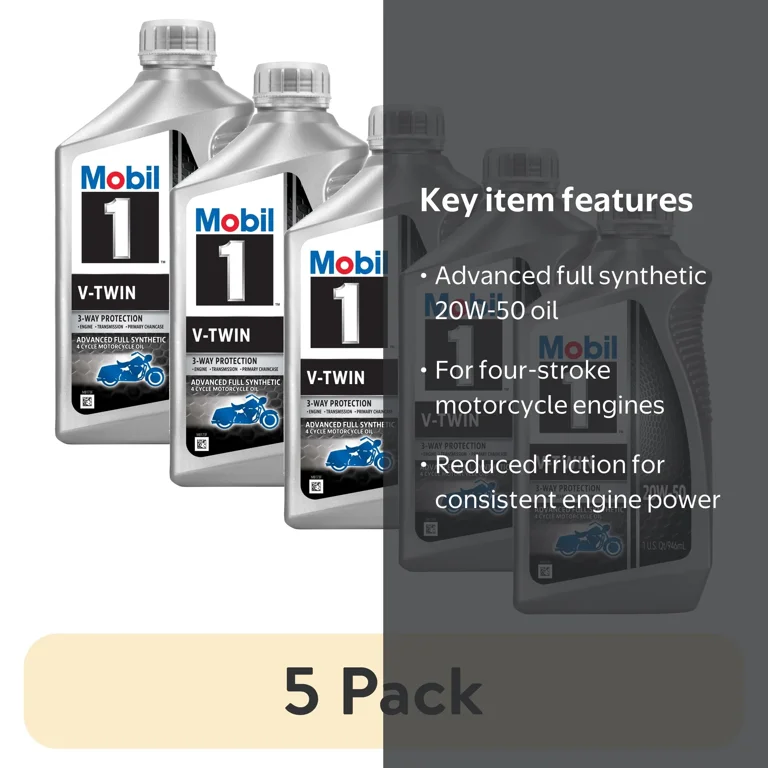 5 pack) Mobil 1 V-Twin Full Synthetic Motorcycle Oil 20W-50, 1