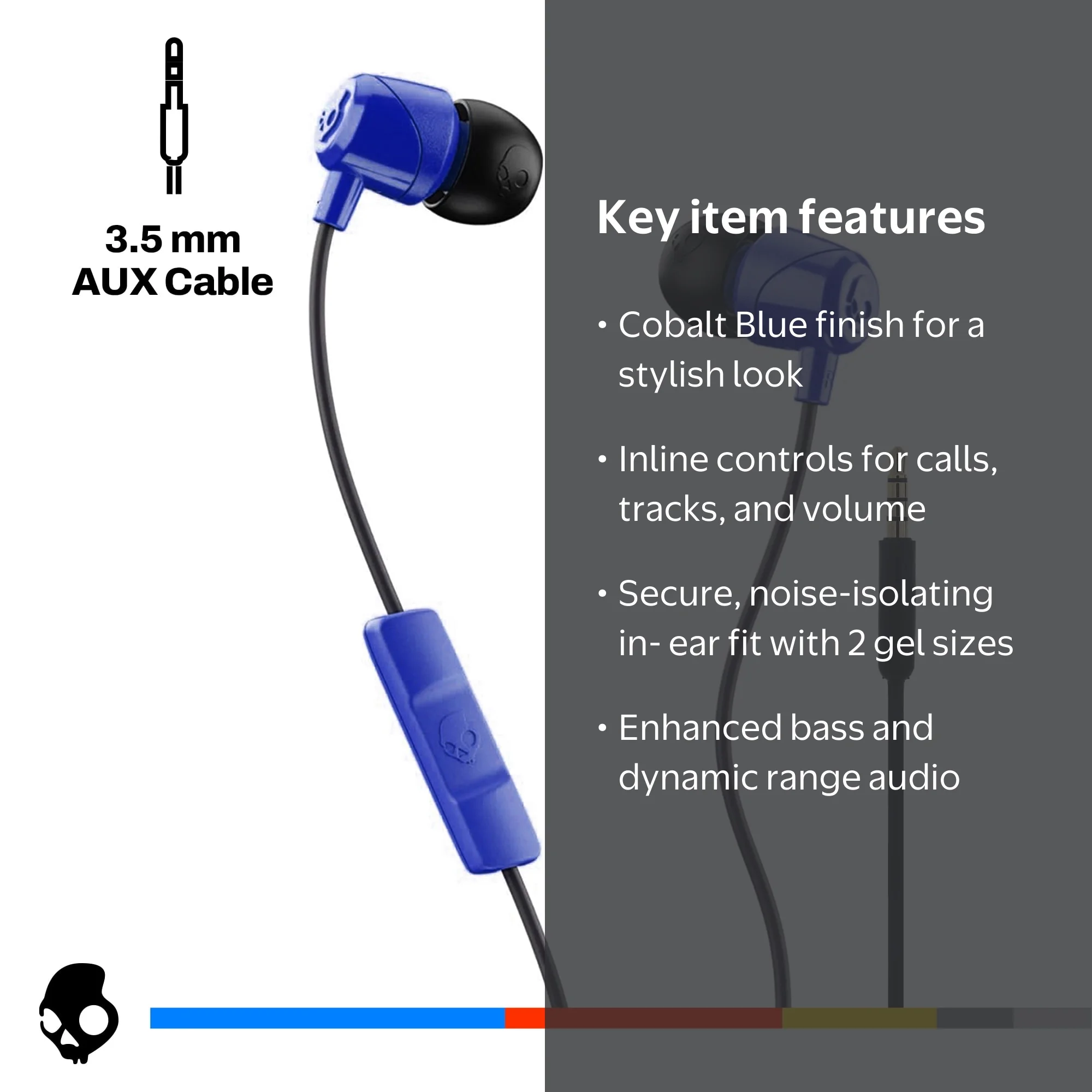 Skullcandy Jib XT Wired Earbuds Cobalt Blue with Noise Isolating