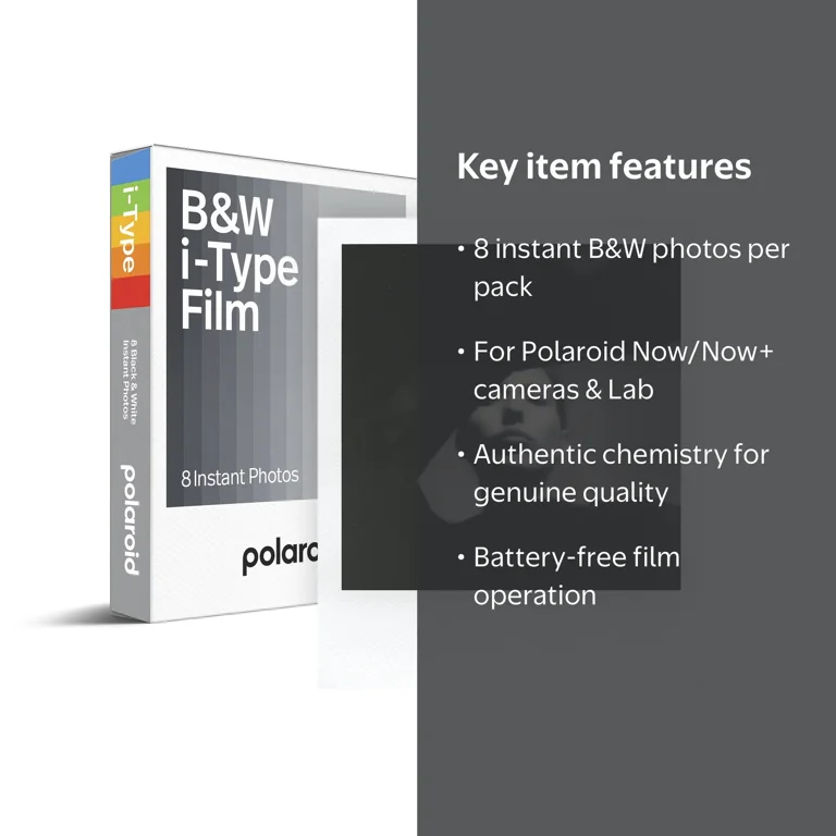 Polaroid, B&W i-Type Film, 8 photos, Compatible with Now & Lab