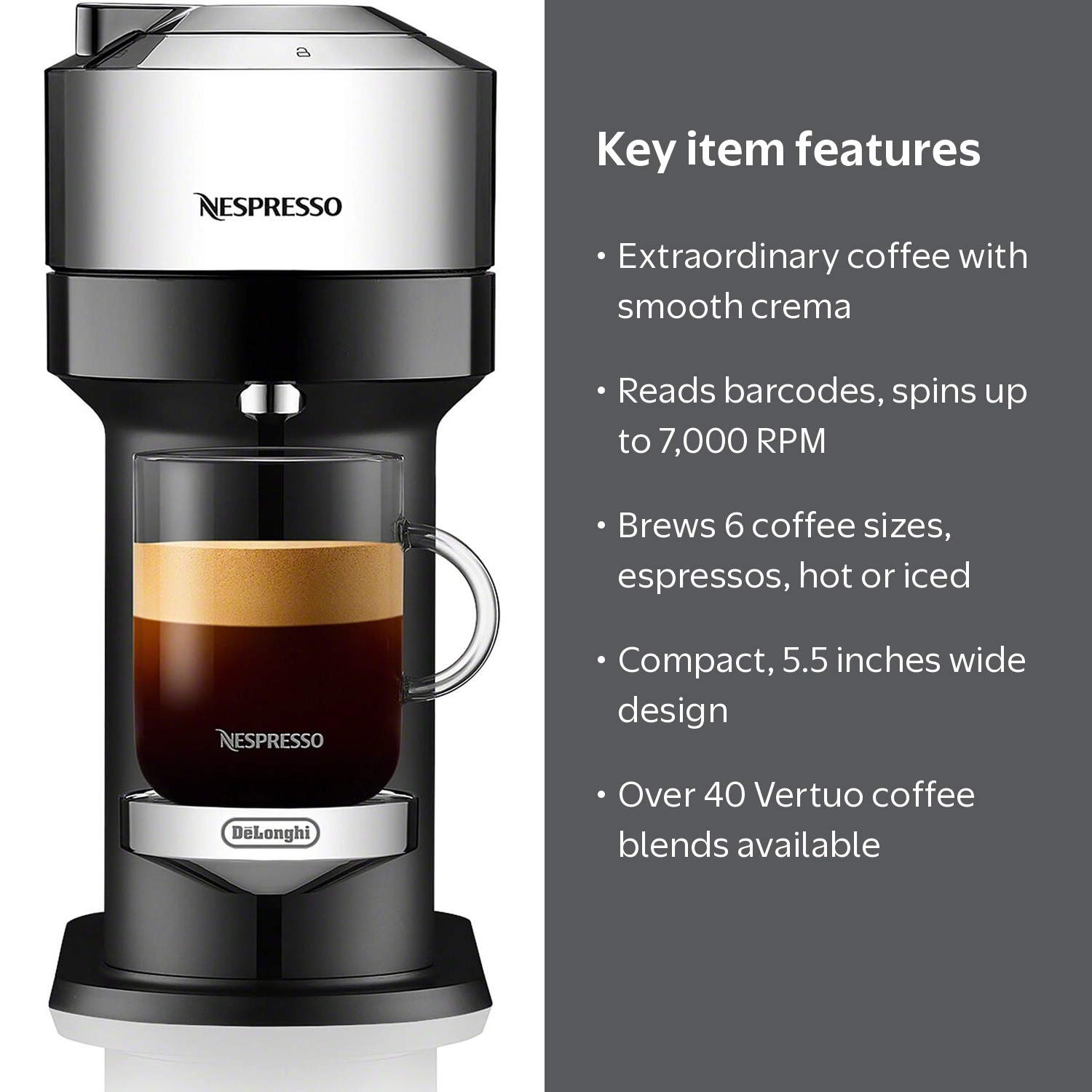 Nespresso Vertuo Next Coffee & Espresso Maker in Chrome, Single