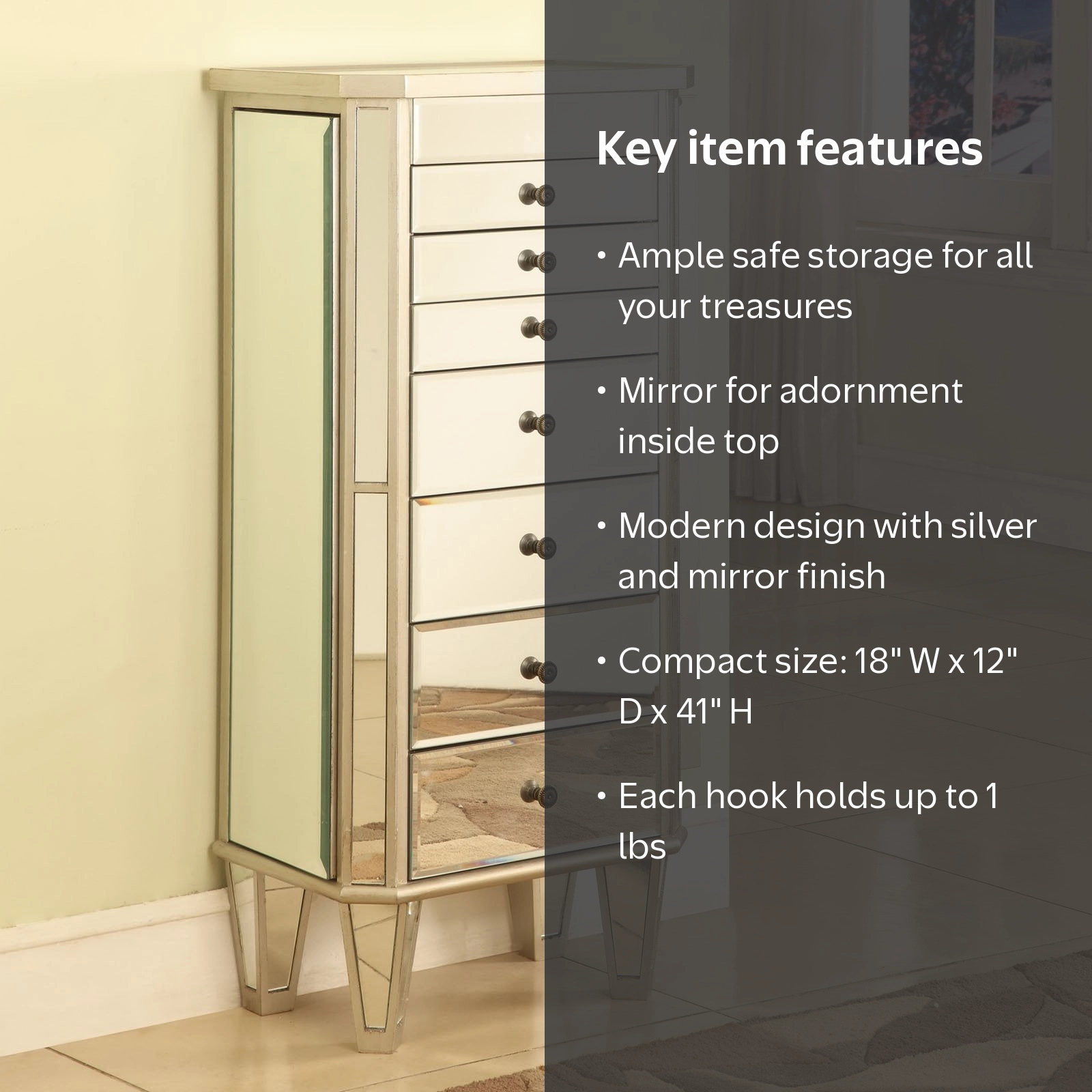 Milan Jewelry Armoire, Mirrored Surfaces and Silver Wood - Walmart.com
