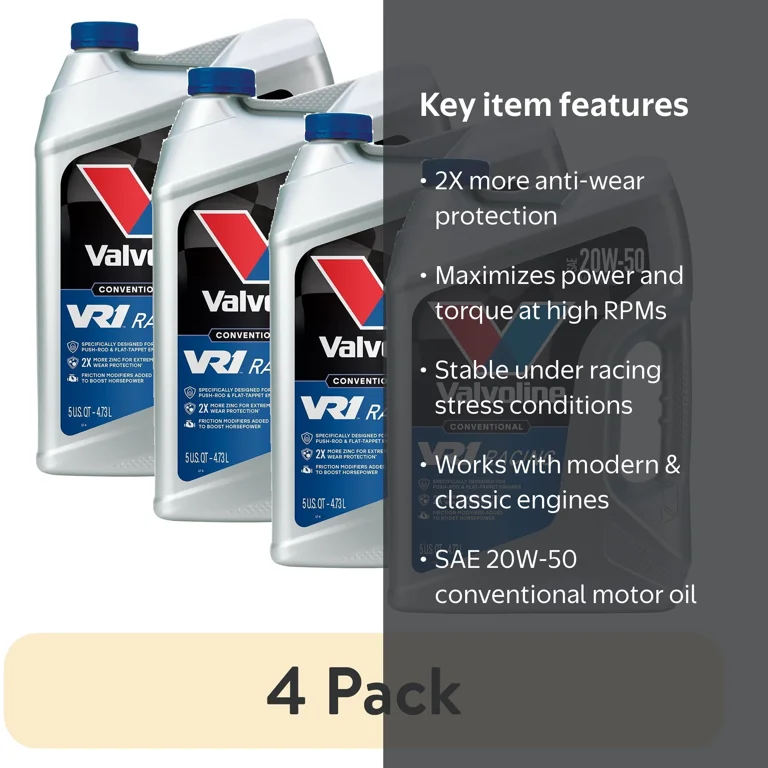 4 pack) Valvoline VR1 Racing SAE 20W-50 Conventional Motor Oil, 5