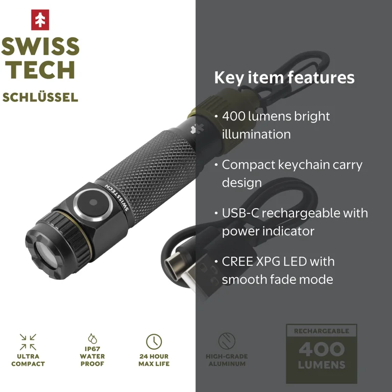 Swiss Tech Schlussel 400 Lumens Mini Rechargeable Keychain