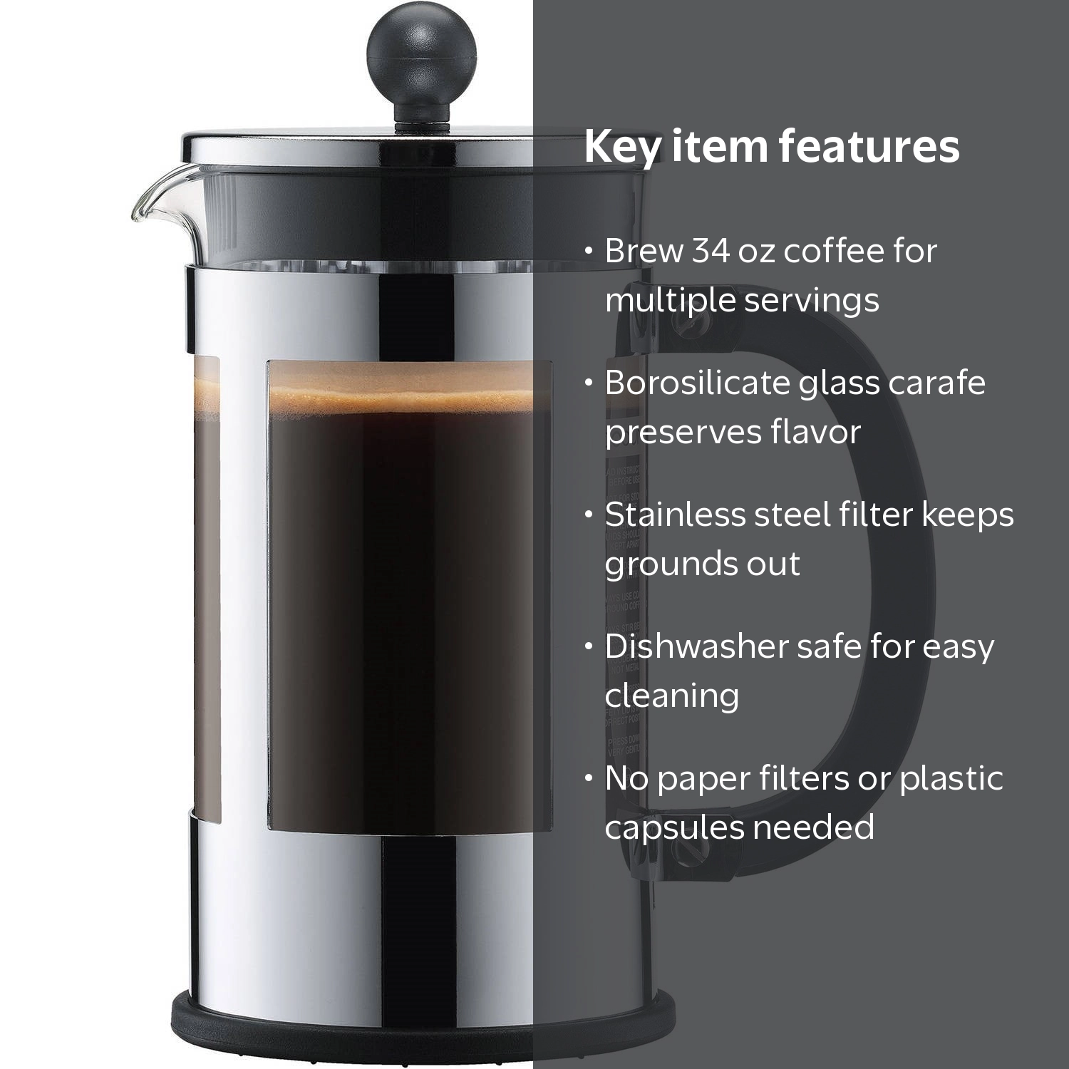 BODUM, French Press Coffee Maker, 34 oz, Stainless Steel, Silver