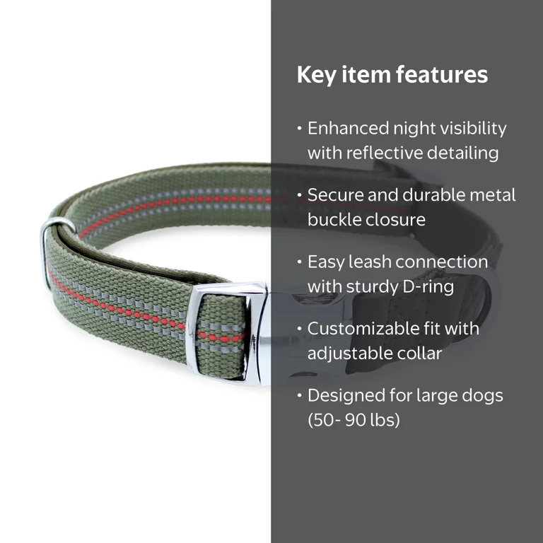 Vibrant Life Reflective Dog Collar, Olive Green, Large, Metal