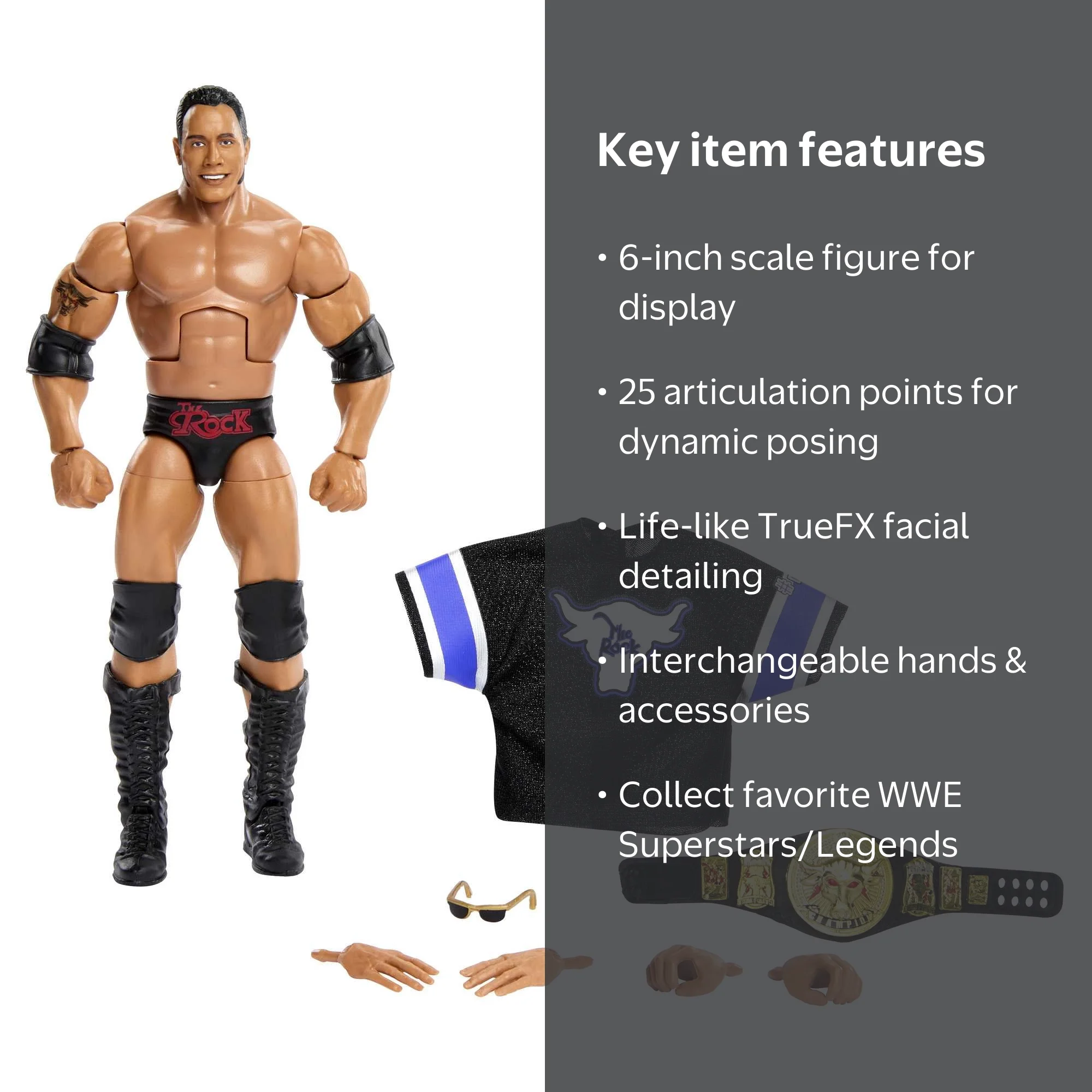 WWE Elite Collection The Rock Action Figure with Accessories, 6