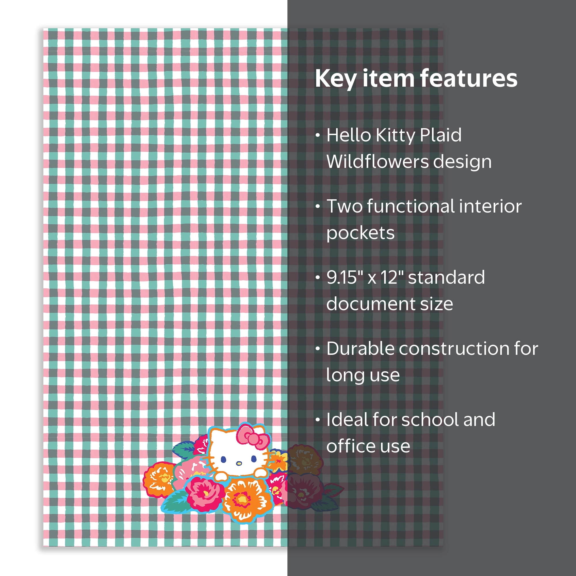 Studio Oh! Hello Kitty Plaid Wildflowers Two-Pocket Folder, 9.15