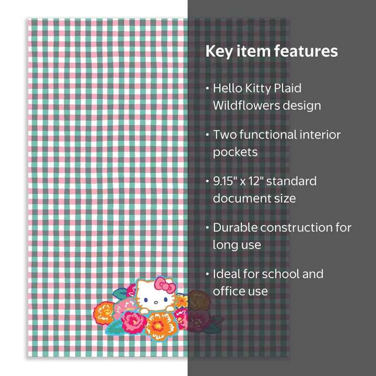 Studio Oh! Hello Kitty Plaid Wildflowers Two-Pocket Folder, 9.15