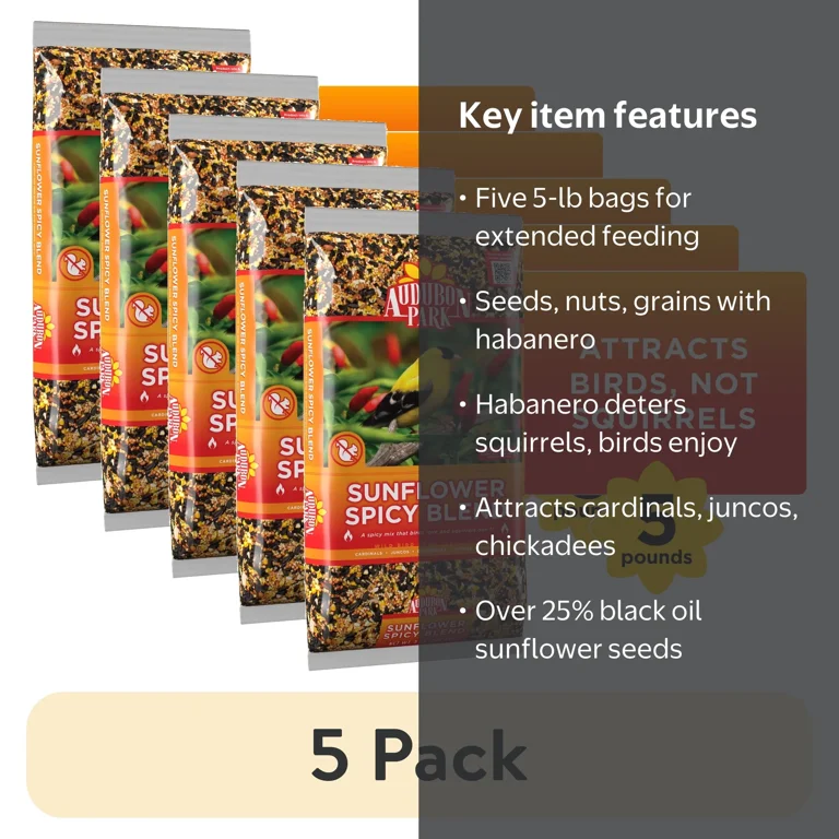 (5 pack) Audubon Park Sunflower Spicy Blend Wild Bird Food, Dry, 1 Count per Pack, 5 lb. Bag