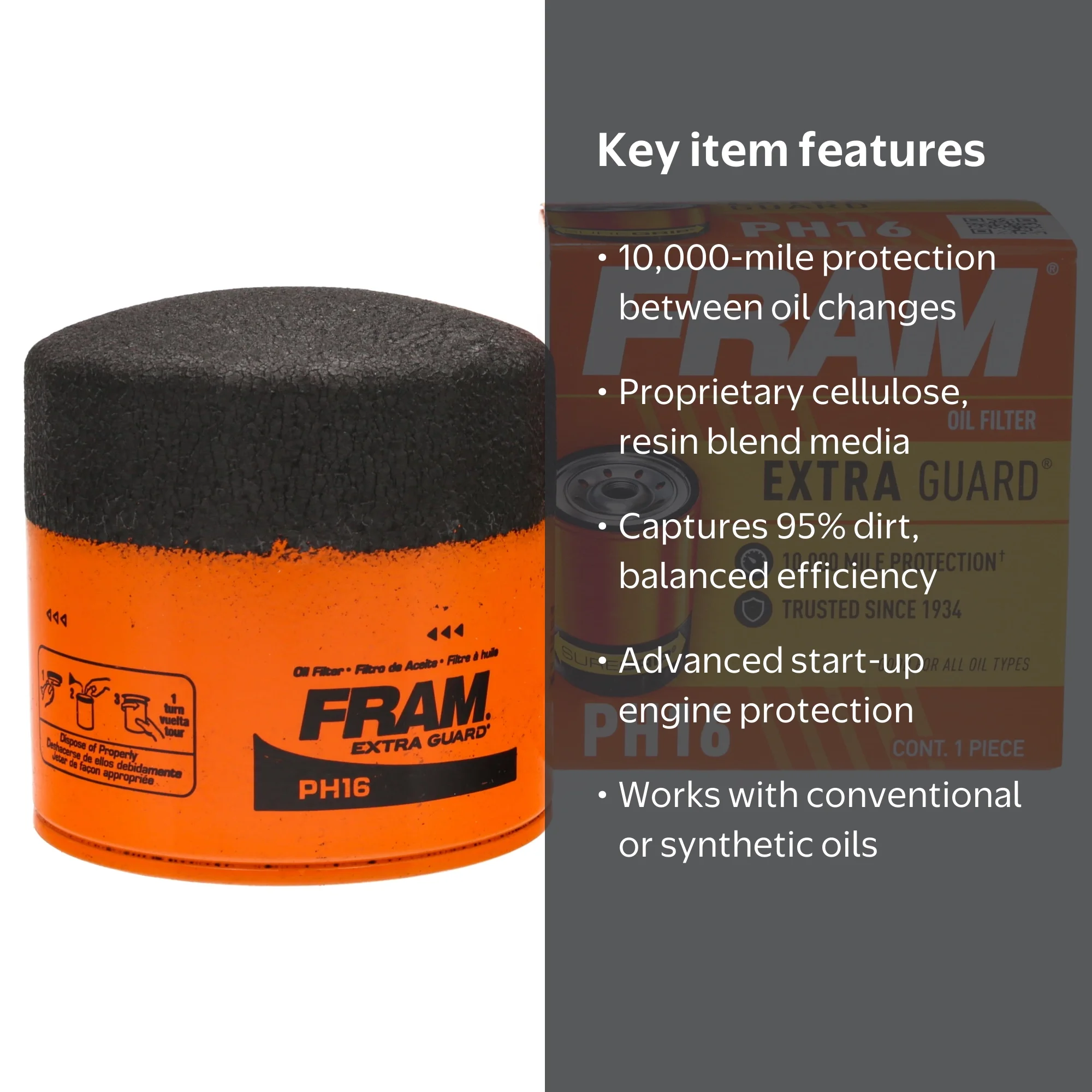 ポプリ　16 FRAM, Extra Guard Oil Filter, PH16, 10K Miles Replacement