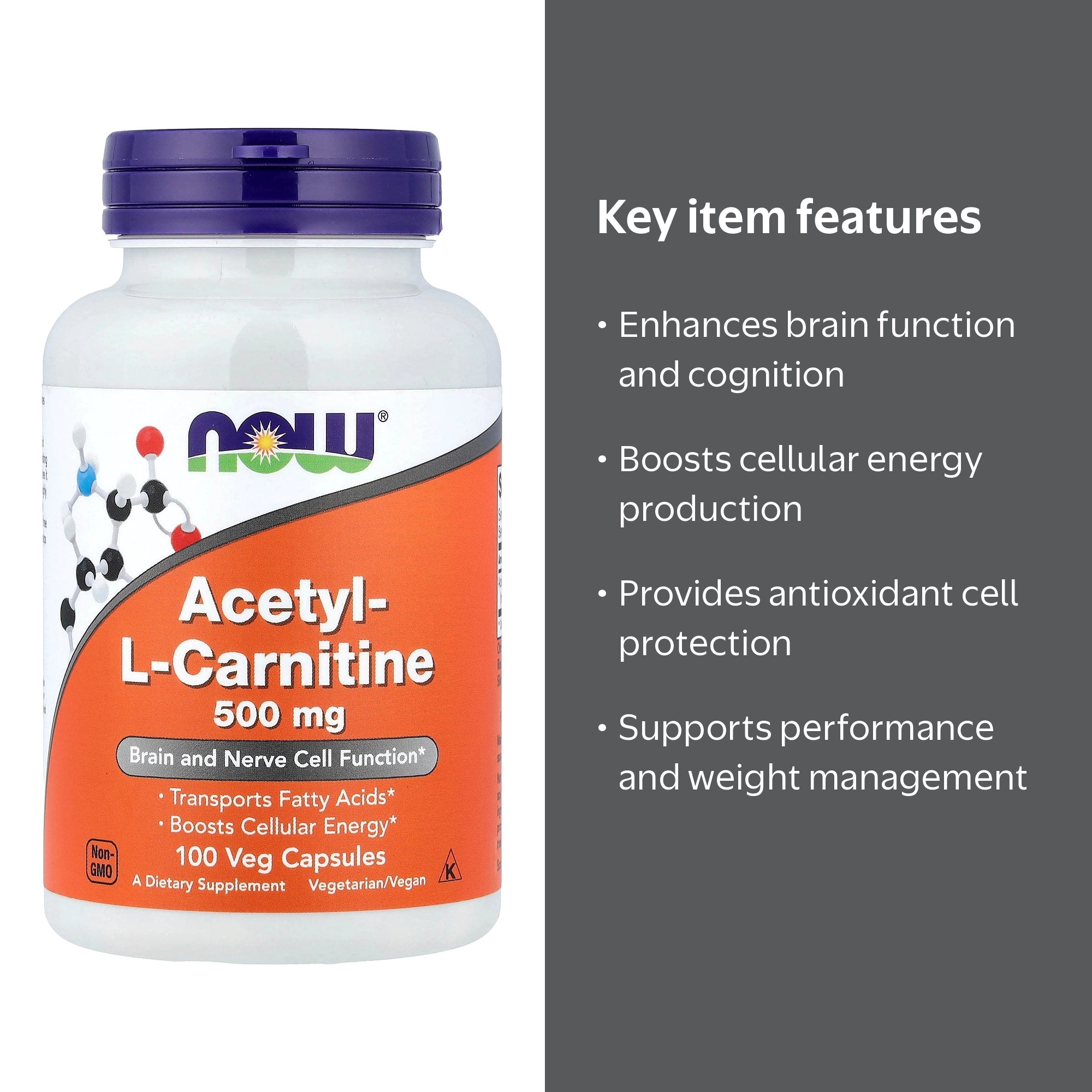 NOW Foods Acetyl-L Carnitine, Cognitive Support, Vegetarian Supplement, 500 mg, 100 Capsules