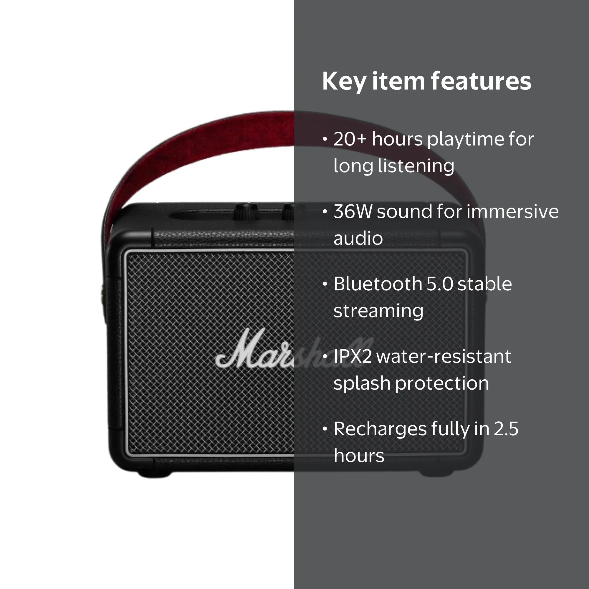 Marshall Kilburn II Portable Bluetooth Speaker, Black, 36W Output