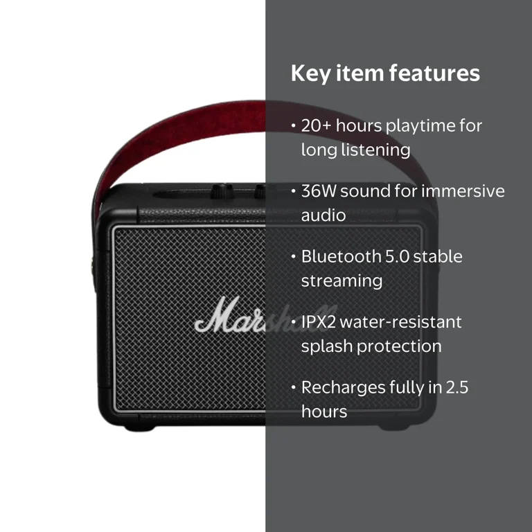 Marshall Kilburn II Portable Bluetooth Speaker, Black, 36W Output