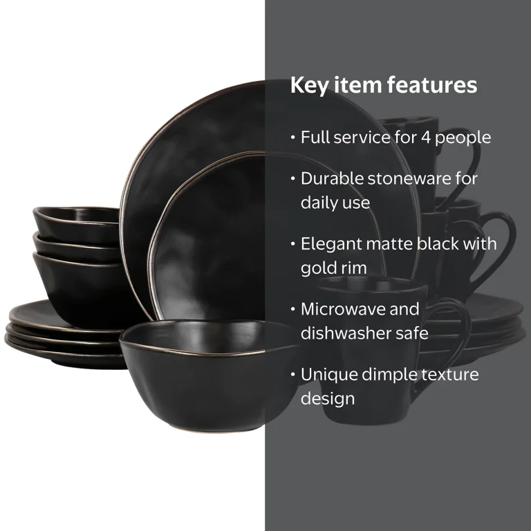 Elama Modern 16 Piece Stoneware Dinnerware Set in Matte Black with
