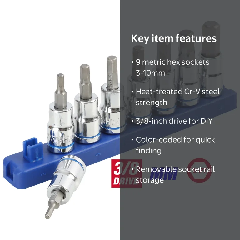 Hyper Tough 9-Piece 3/8-inch Drive, Metric Hex Socket Bit Set for