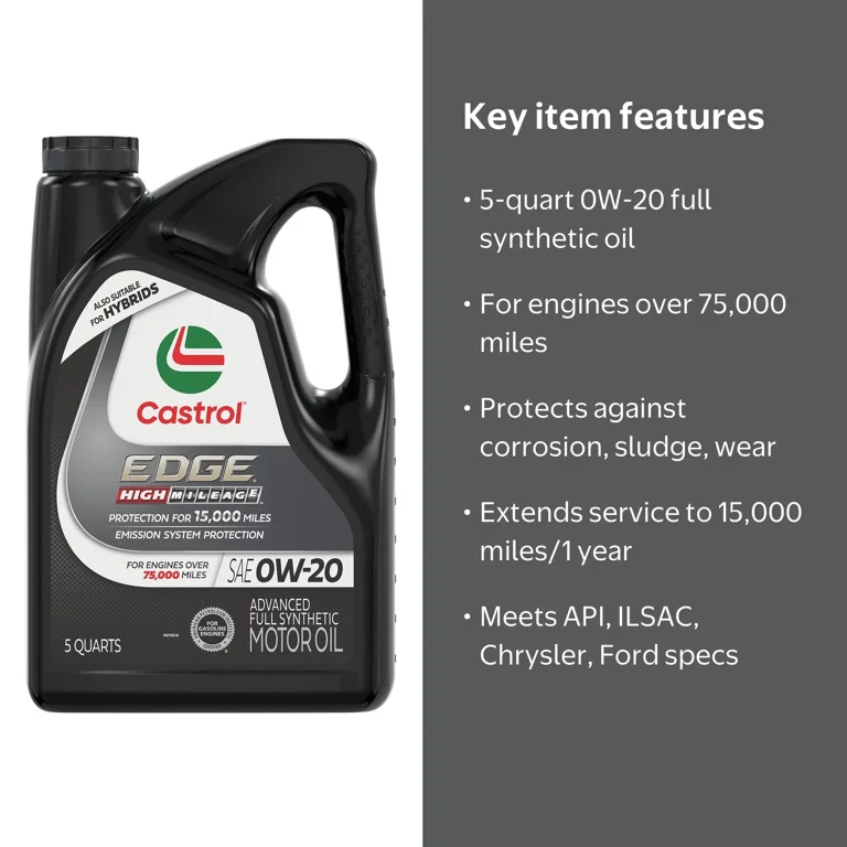 Castrol High Mileage 0W-20 Synthetic Motor Oil 5 Quarts with