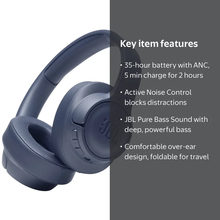 【美品・ケース付】JBL TUNE 760NC ワイヤレスヘッドホン ブルー JBL, Wireless Over-Ear Noise Cancelling Headphones, Blue, 35H
