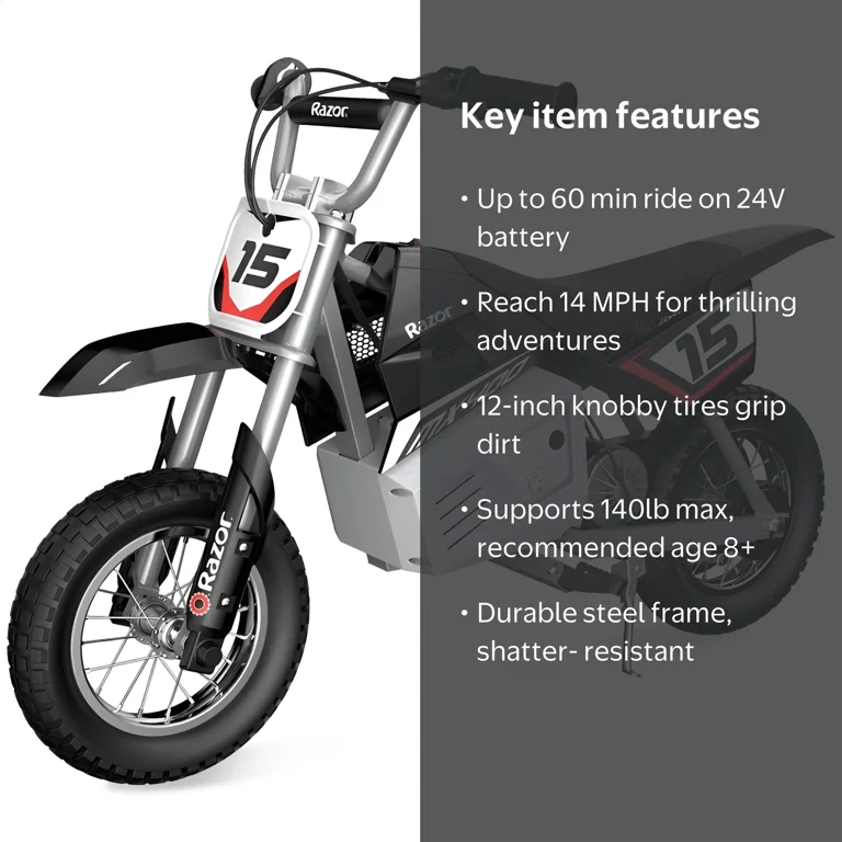 Razor, Dirt Rocket Electric Bike, 14 Mph, 30-Min Run, Black