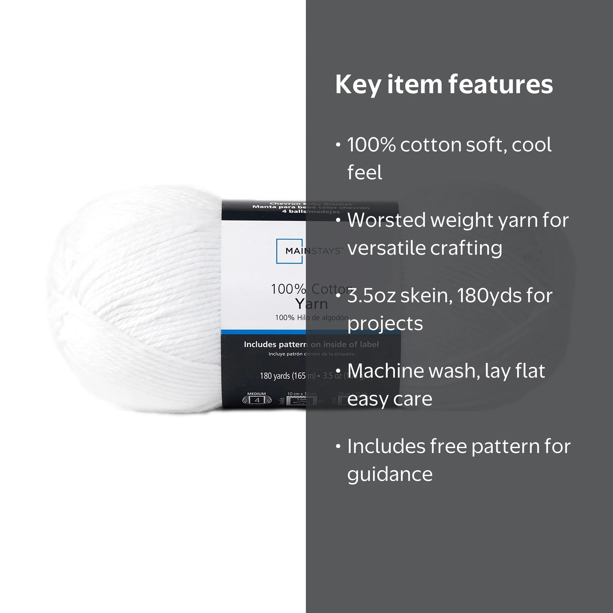 Mainstays 100% Cotton Yarn Arctic White 3.5oz 180yds Medium Weight