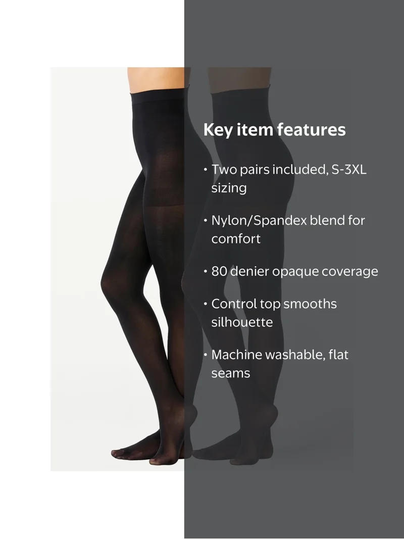 Joyspun Women's Super Opaque Control Top Tights 2-Pack No-See