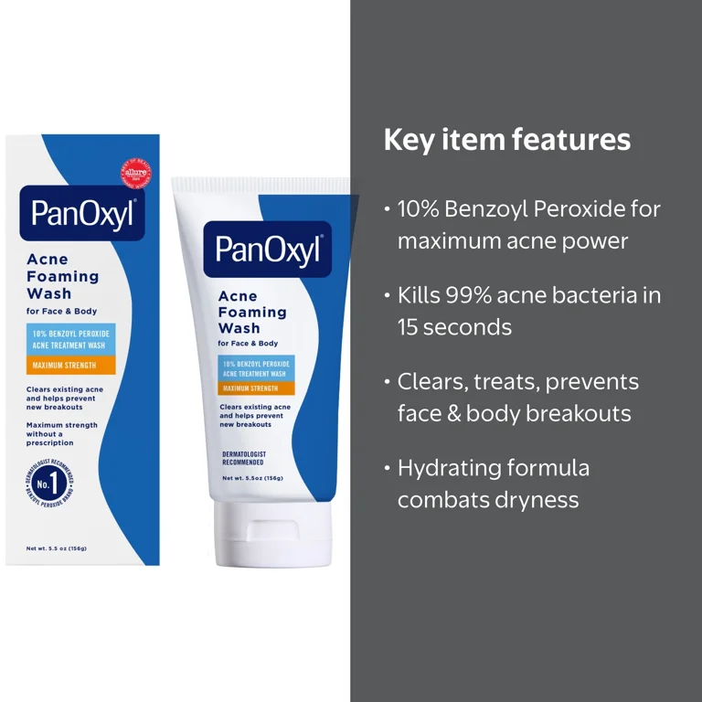 PanOxyl 10% Benzoyl Peroxide Acne Foaming Wash, Clear Acne, 5.5 Oz