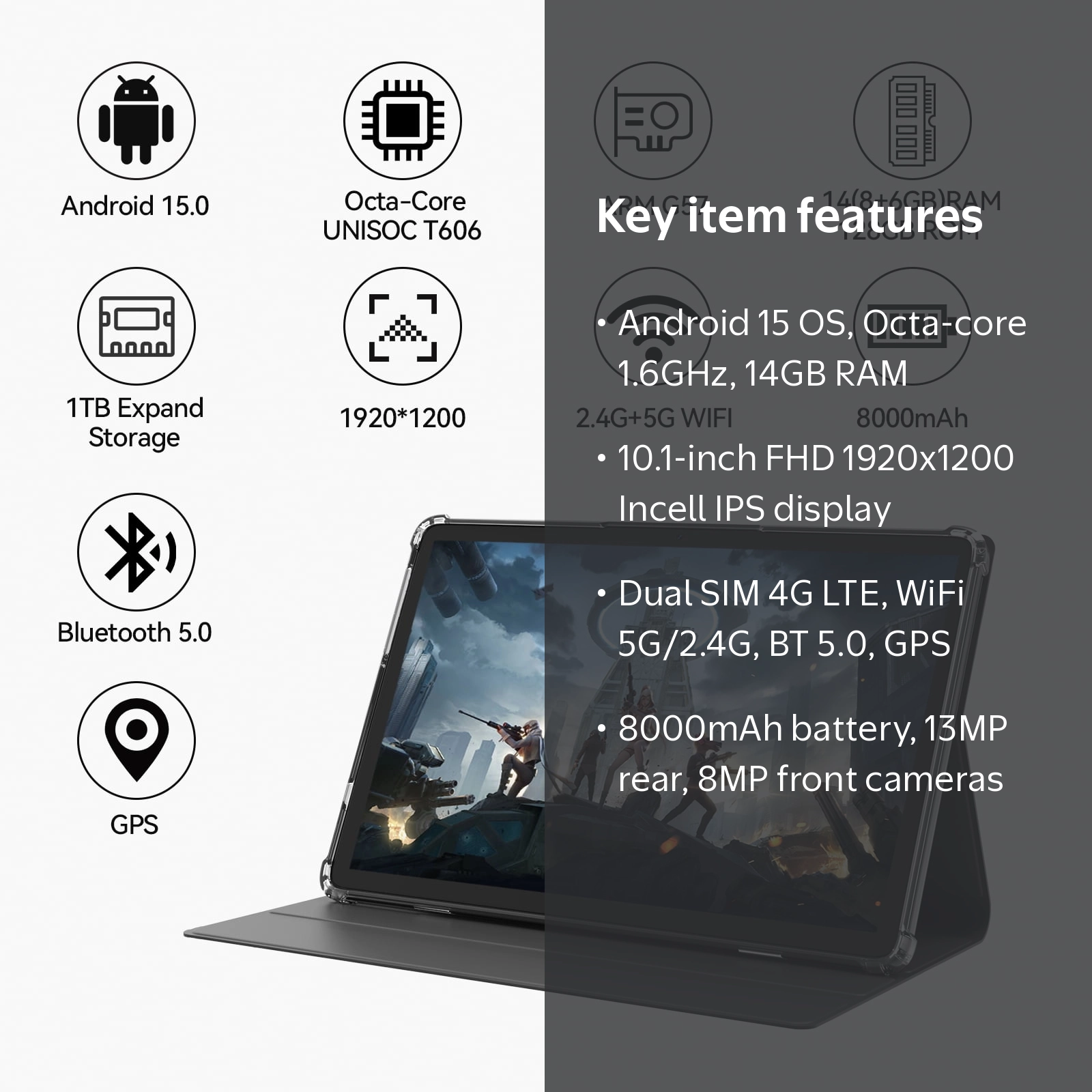 Android 15 Tablet,128GB ROM 14GB RAM,10inch 4G Phone Tablet,5G