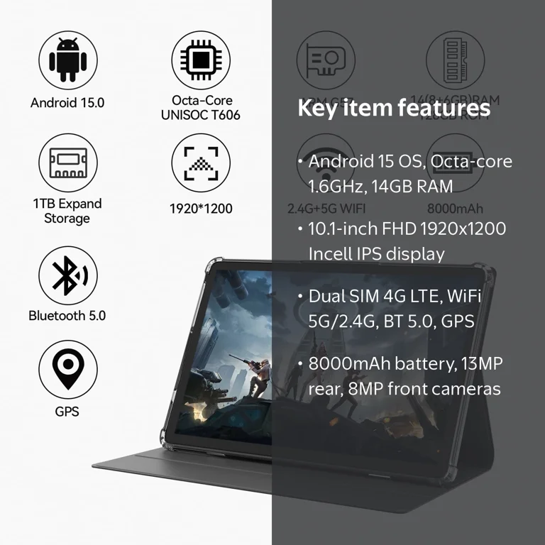 Android 15 Tablet,128GB ROM 14GB RAM,10inch 4G Phone Tablet,5G