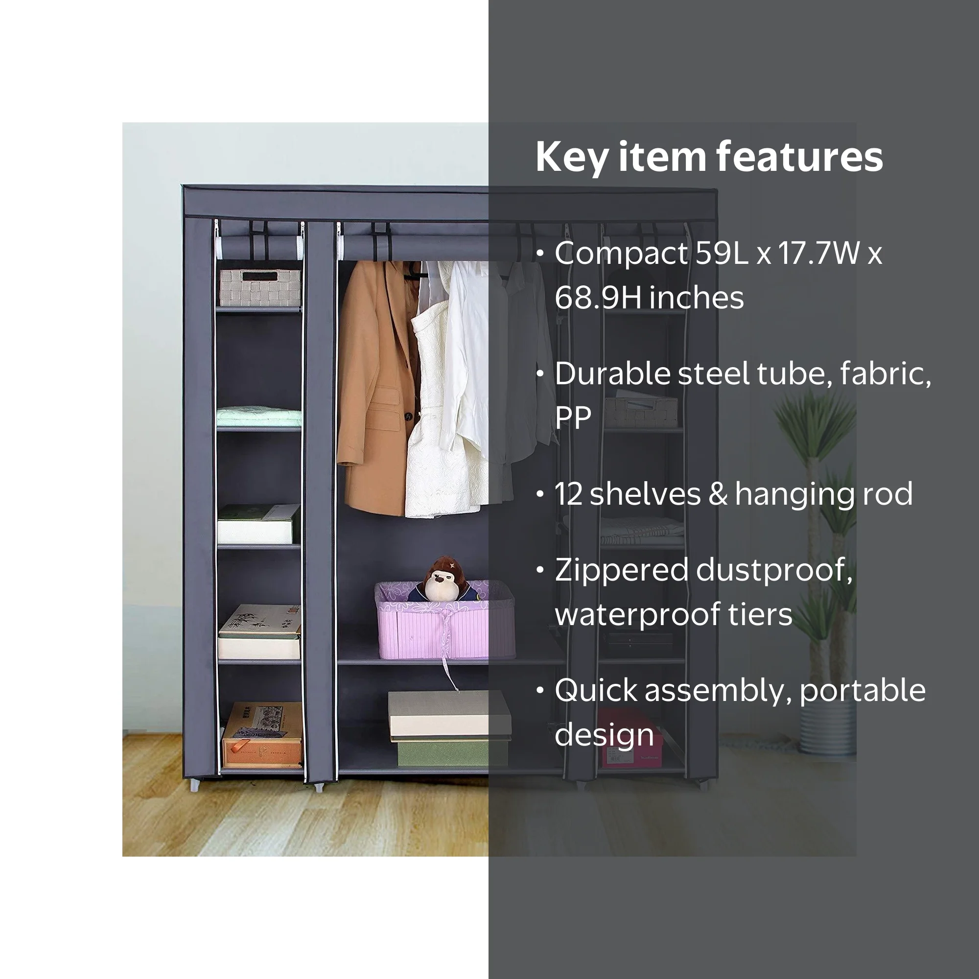 Ktaxon 69-Inch Portable Clothes Closet, Gray, Fabric Cover