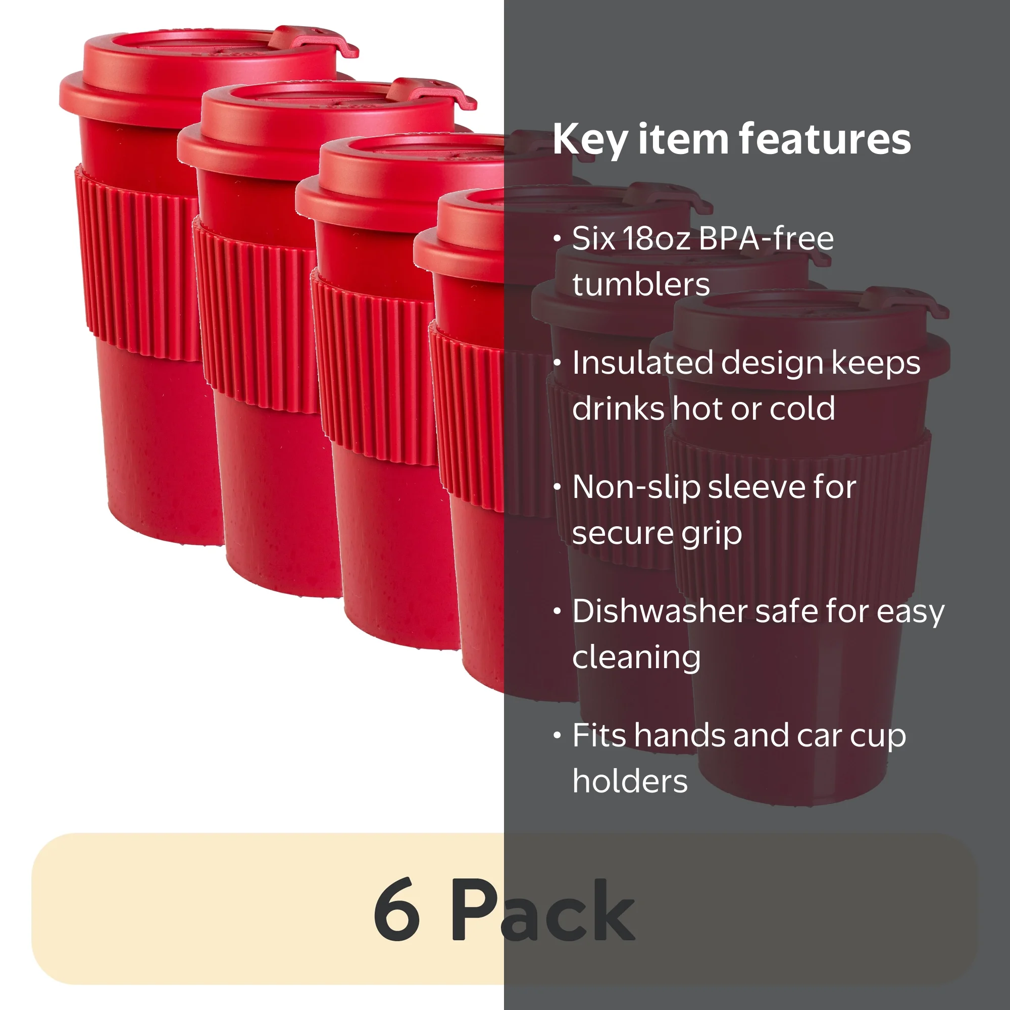 6 pack) Mainstays 18oz Plastic To Go Coffee Tumbler, Red Perfect