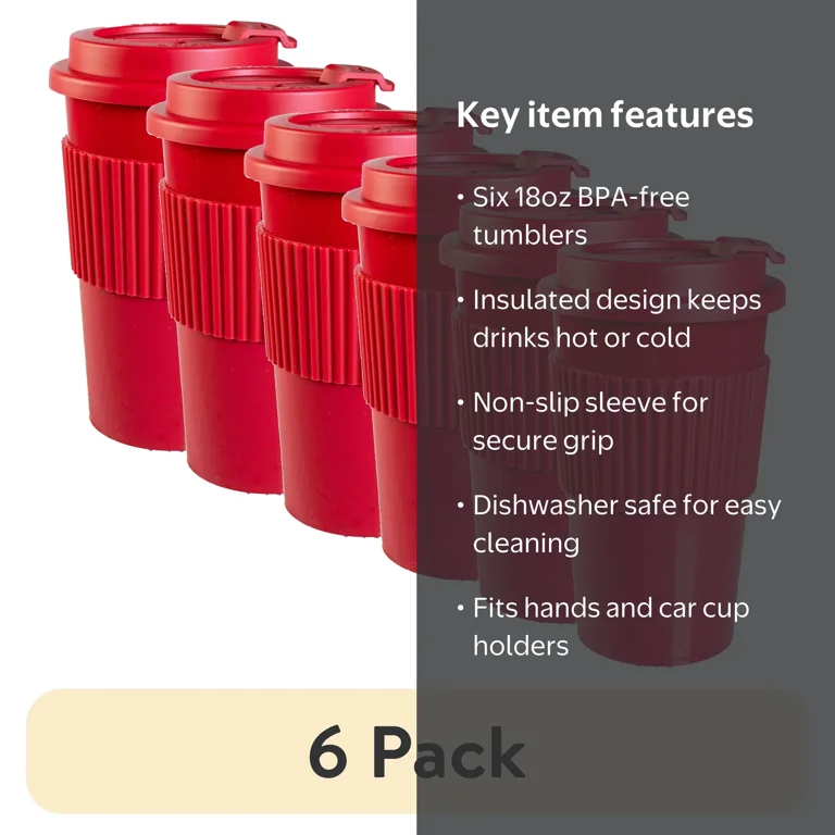 6 pack) Mainstays 18oz Plastic To Go Coffee Tumbler, Red Perfect