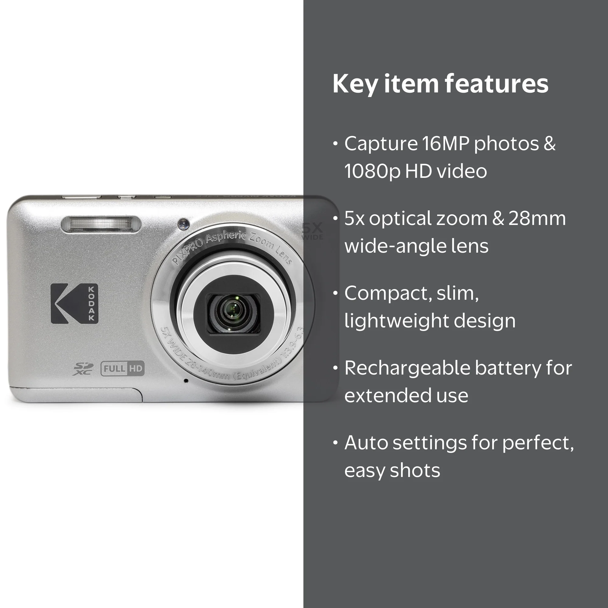 Kodak, PIXPRO FZ55 Digital Camera, Silver with 16MP & 5x Zoom