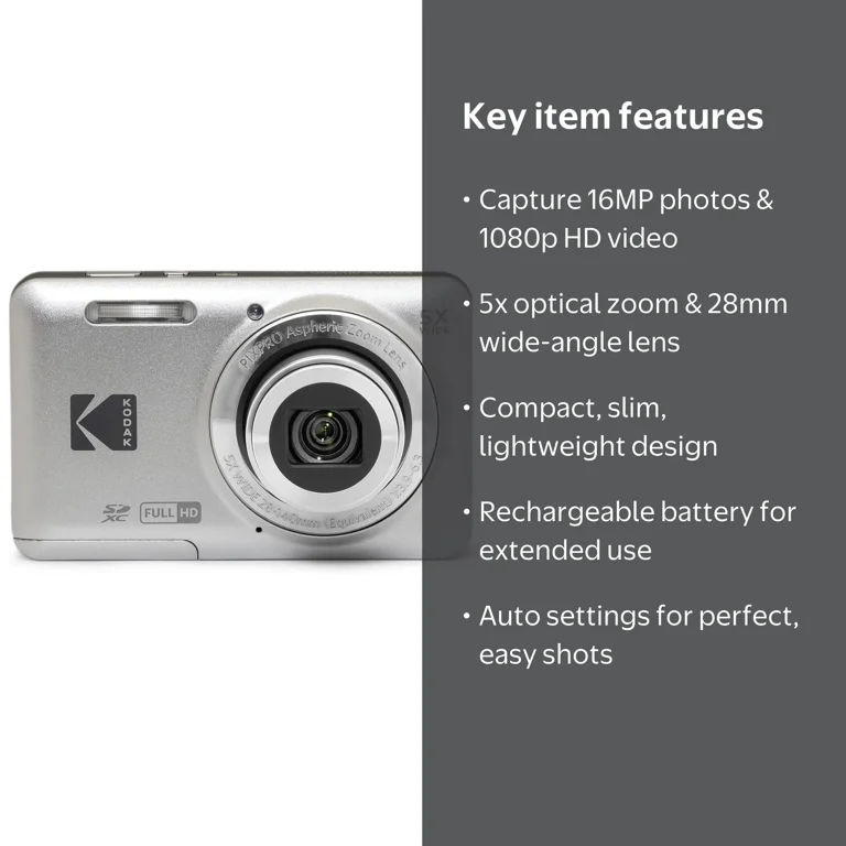 Kodak, PIXPRO FZ55 Digital Camera, Silver with 16MP & 5x Zoom