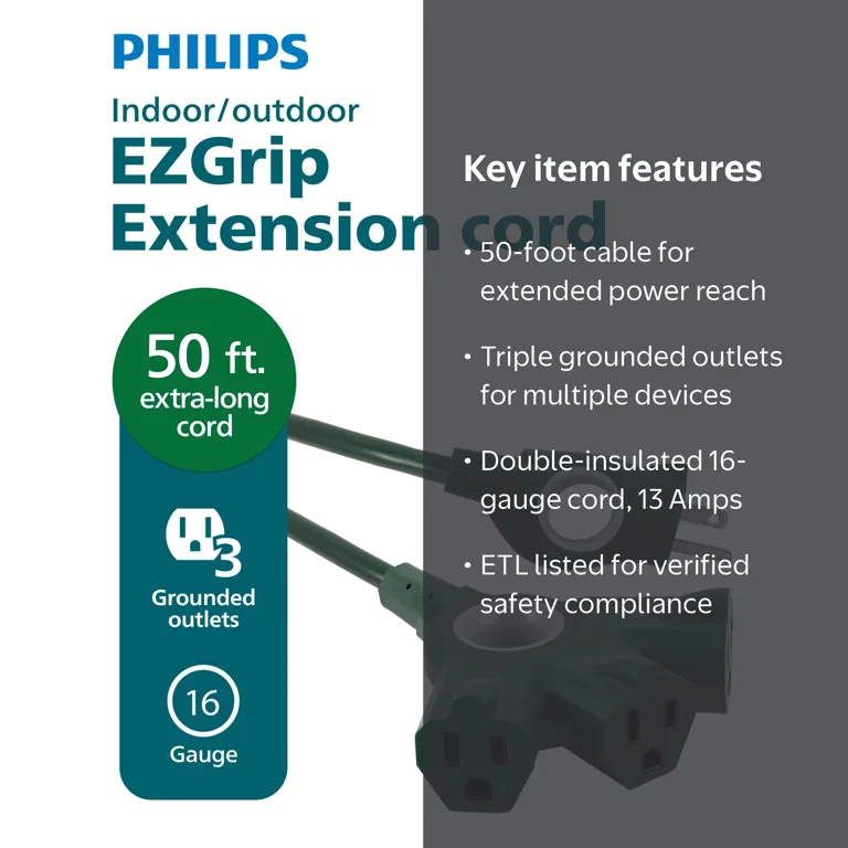 Philips Outdoor Extension Cord, 3 Outlets, 16 Gauge, 50ft, Green