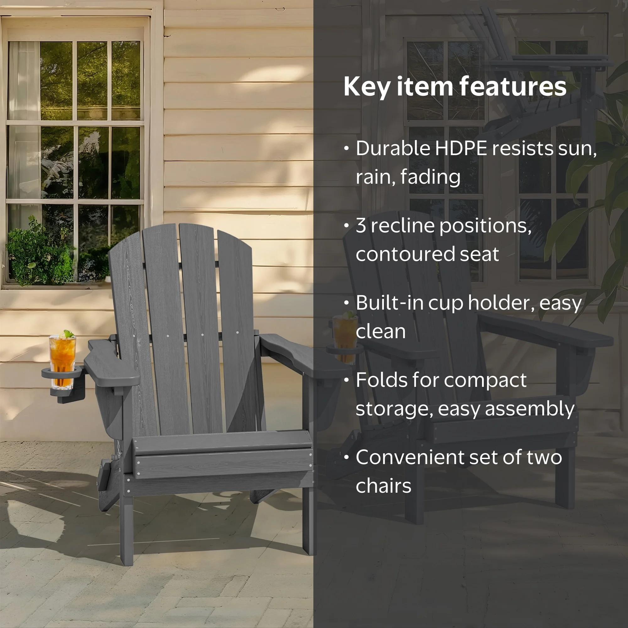 SERWALL Outdoor Folding Adirondack Chairs, Set of 2 with Cup