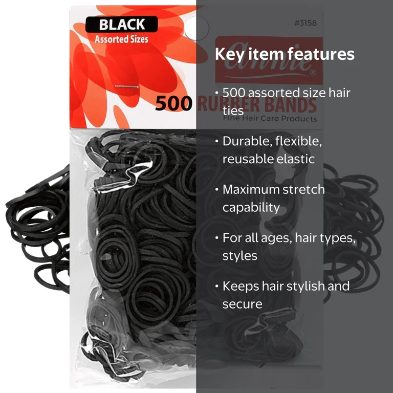 Annie Rubber Bands Assorted Sizes 500 Pack Black Hair Ties Durable