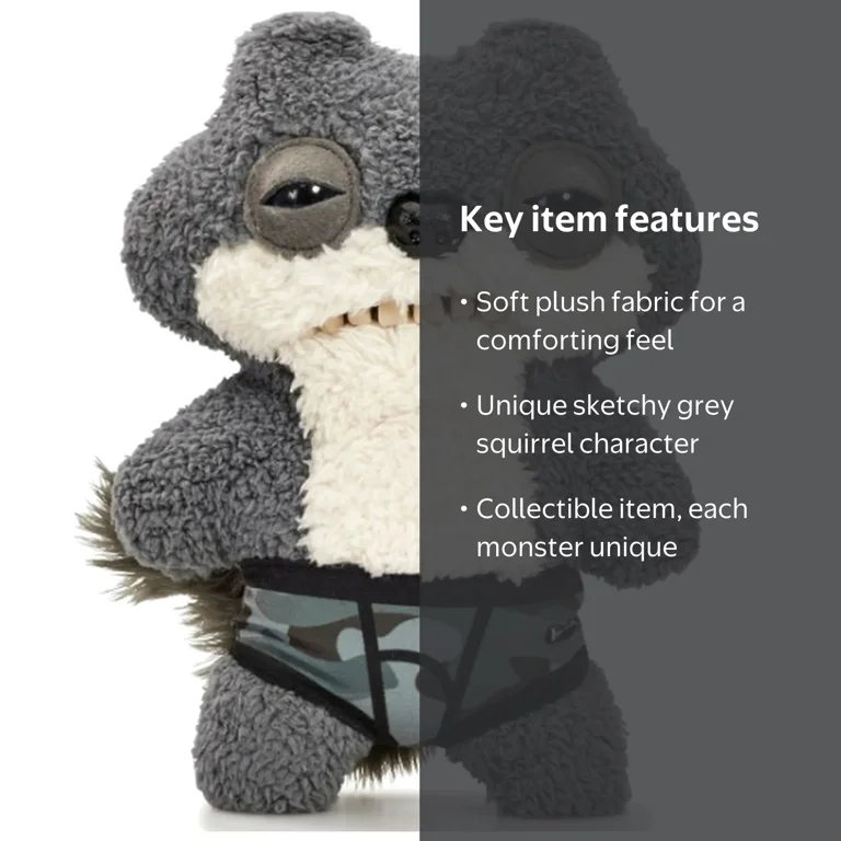 FUGGLER ユニークなグレーのぬいぐるみ Fuggler Budgie Sketchy Squirrel - Gray Funny Ugly Monster Plush