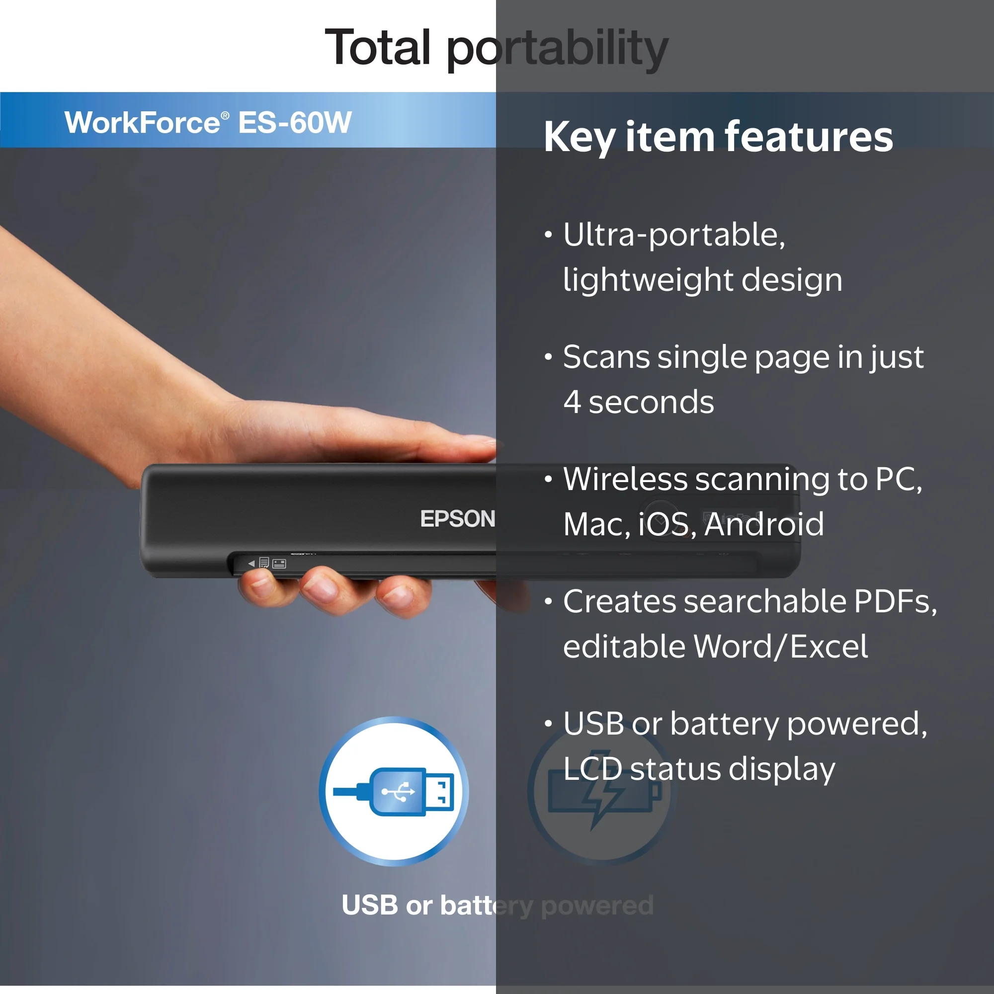Epson WorkForce ES-60W Wireless Portable Document Scanner