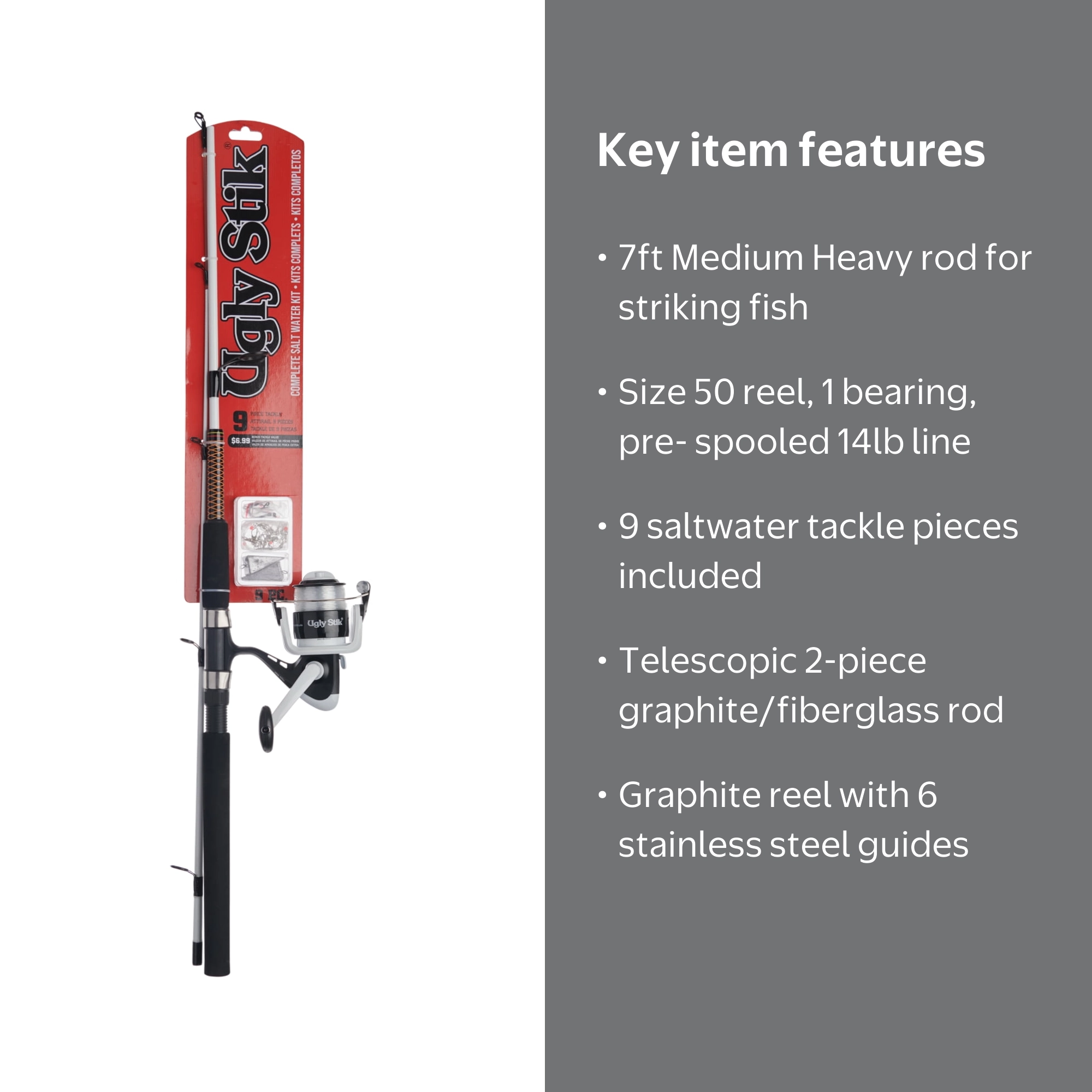 Ugly Stik Complete Saltwater Kit, 7' Medium Heavy Fishing Rod, 50