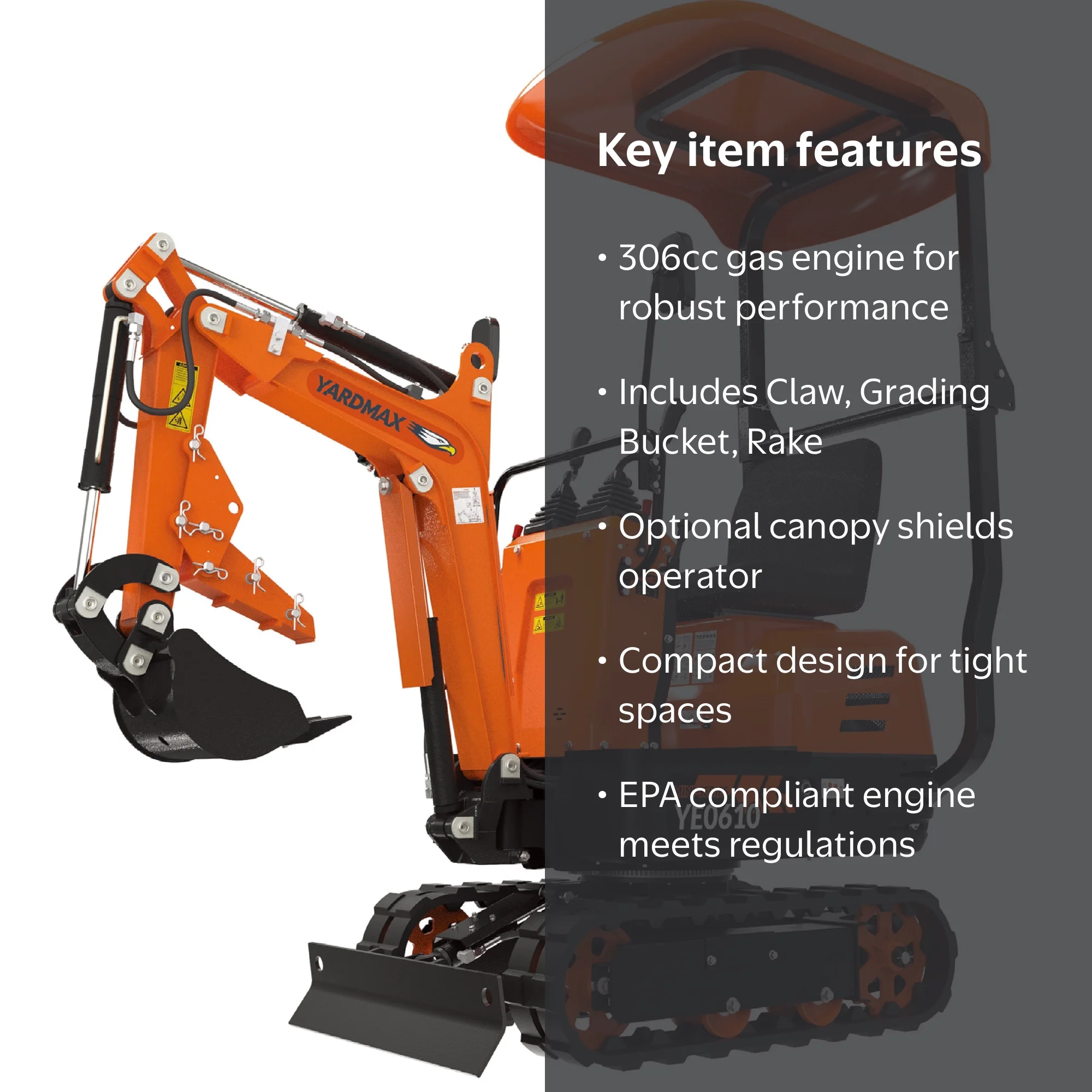 Mini Excavator with canopy, Claw, Grading Bucket & Rake, 306cc EPA