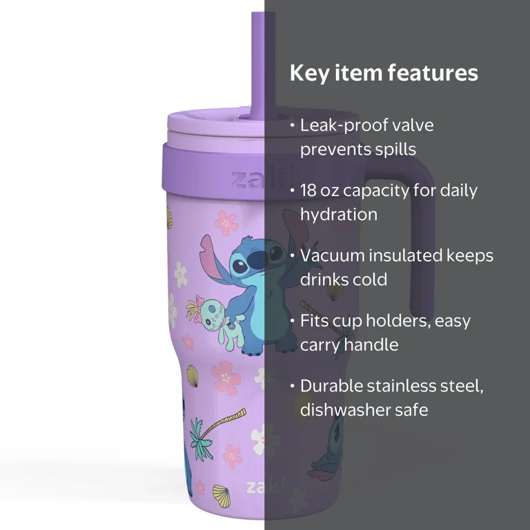 Zak Designs 18oz Stitch Kids Straw Handle Tumbler, Stainless Steel